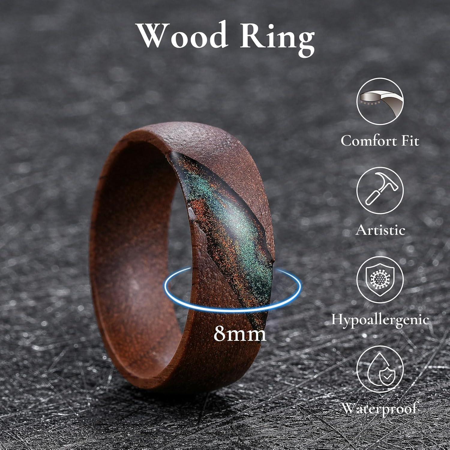 imageKing Will Mens 8mm Wooden Rings Unique Mens Wood Wedding Rings Inlay Domed Ring for Men Women Comfort FitBlue GreenOrange