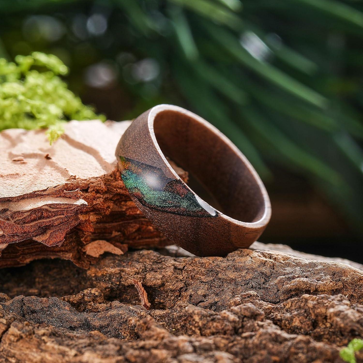imageKing Will Mens 8mm Wooden Rings Unique Mens Wood Wedding Rings Inlay Domed Ring for Men Women Comfort FitBlue GreenOrange