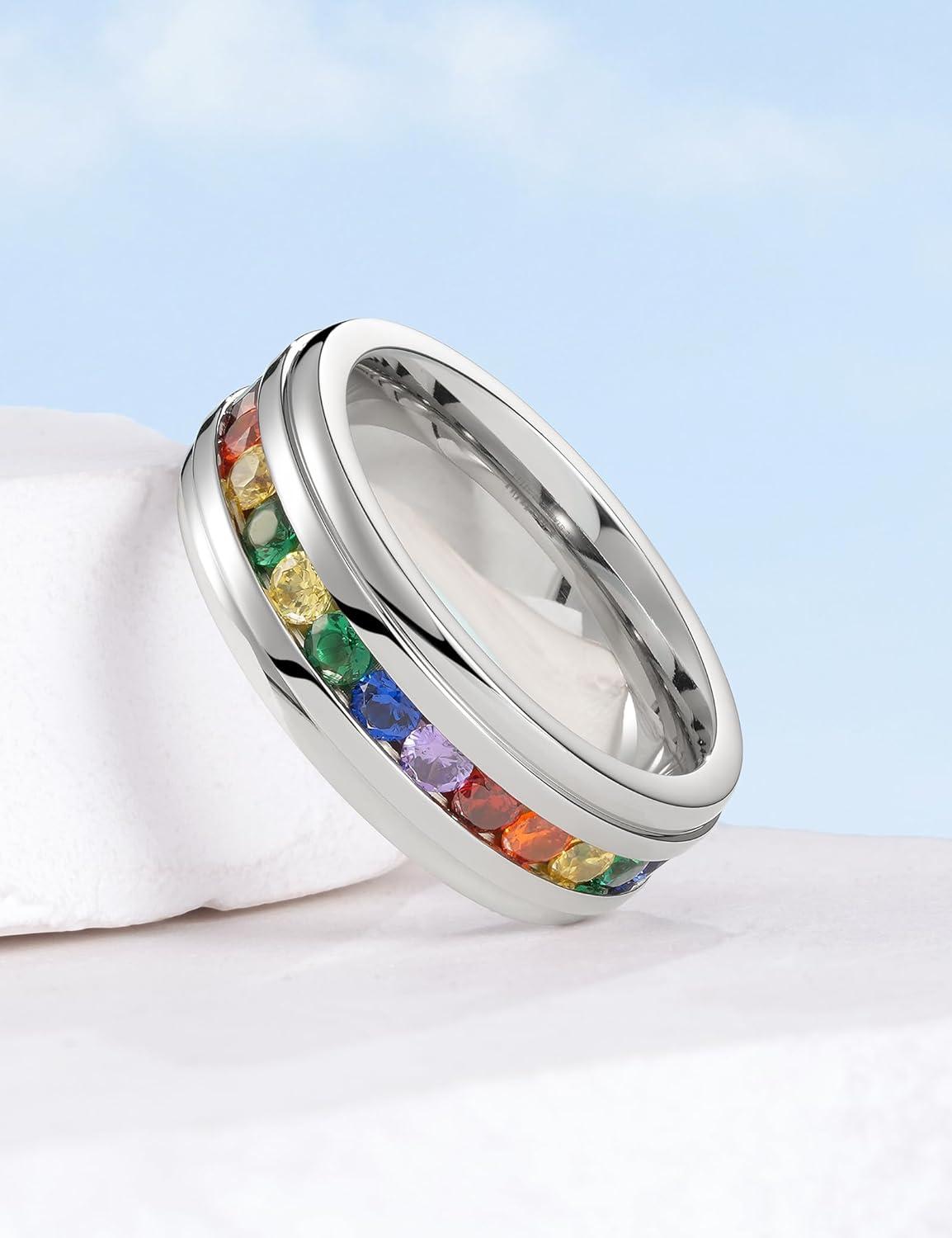 imageKing Will 316L Stainless Steel Wedding Band for Men Women678mm Width SilverTone Wedding Ring with Multicolor Cubic Zirconia Inlay Durable Promise Ring Comfort Fit Size 714SteeklMulticolor7mm