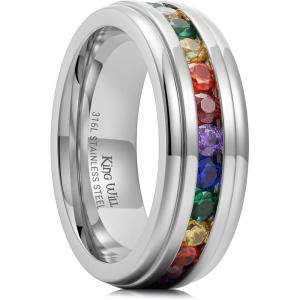 King Will 316L Stainless Steel Wedding Band for Men Women-6/7/8mm Width Silver-Tone Wedding Ring with Multicolor Cubic Zirconia Inlay, Durable Promise Ring Comfort Fit Size 7-14(Steekl-Multicolor-7mm)
