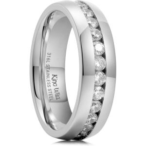 King Will 316L Stainless Steel Wedding Band for Men Women-6/7/8mm Width Silver-Tone Wedding Ring with Multicolor Cubic Zirconia Inlay, Durable Promise Ring Comfort Fit Size 7-14(Steel-White-6.5mm)