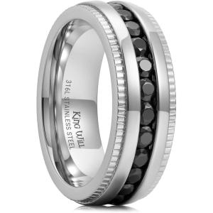 King Will 316L Stainless Steel Wedding Band for Men Women-6/7/8mm Width Silver-Tone Wedding Ring with Multicolor Cubic Zirconia Inlay, Durable Promise Ring Comfort Fit Size 7-14(Steel-Black-7mm)