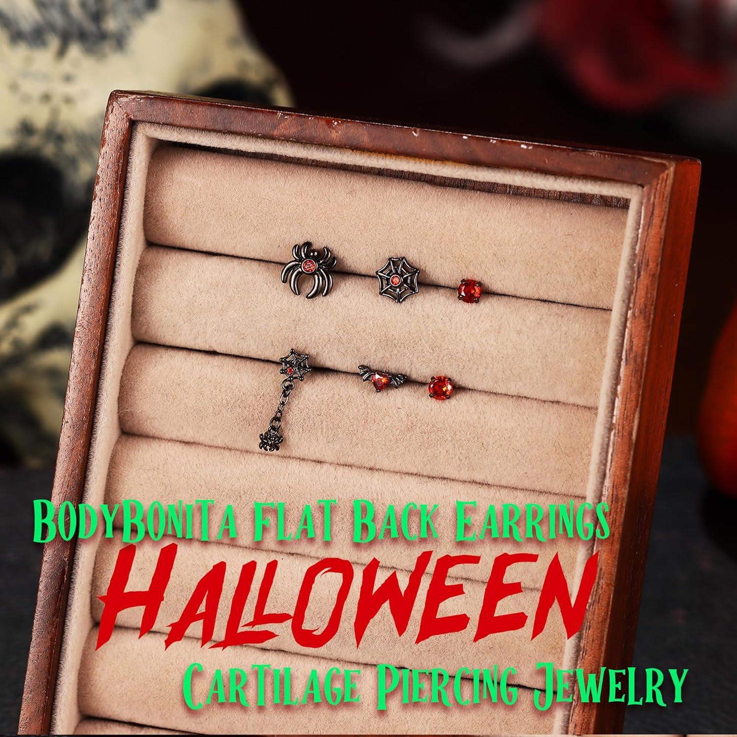 imageBodyBonita 16G Halloween Flat Back Earrings Cartilage Piercing Jewelry 316 Surgical Steel Internally Threaded Stud Earrings for Women Dangle Spider Web Heart Lobe Conch Helix Tragus JewelryWebBlack
