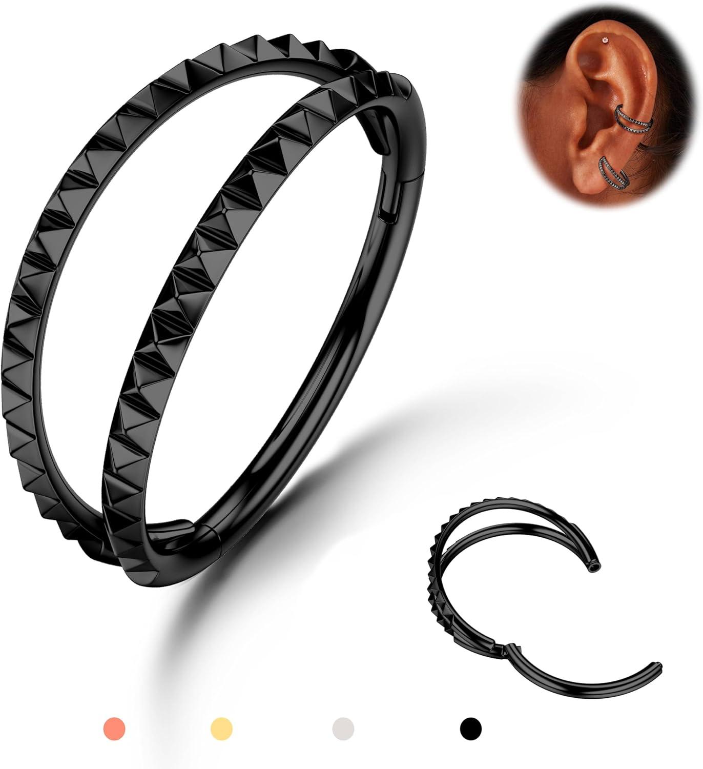 imageBodyBonita TripleDouble Hoop Nose Ring 316L Stainless Steel Septum Clicker 16G18G20G CZ Conch Piercing Jewelry Septum Clicker Rings Cartilage Earring Helix Rook TragusBlack Color Pyraid