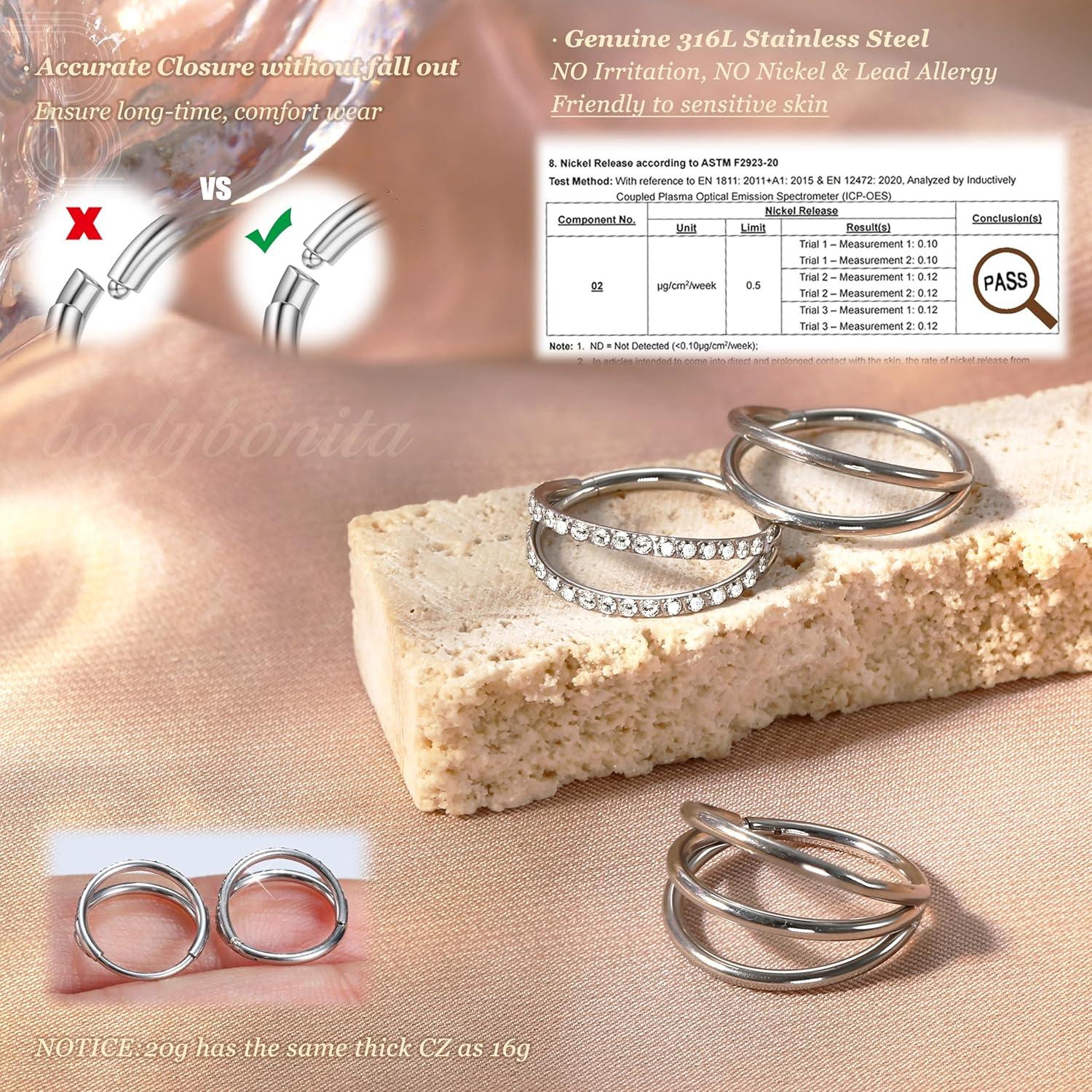imageBodyBonita TripleDouble Hoop Nose Ring 316L Stainless Steel Septum Clicker 16G18G20G CZ Conch Piercing Jewelry Septum Clicker Rings Cartilage Earring Helix Rook TragusSilver Color CZ Double