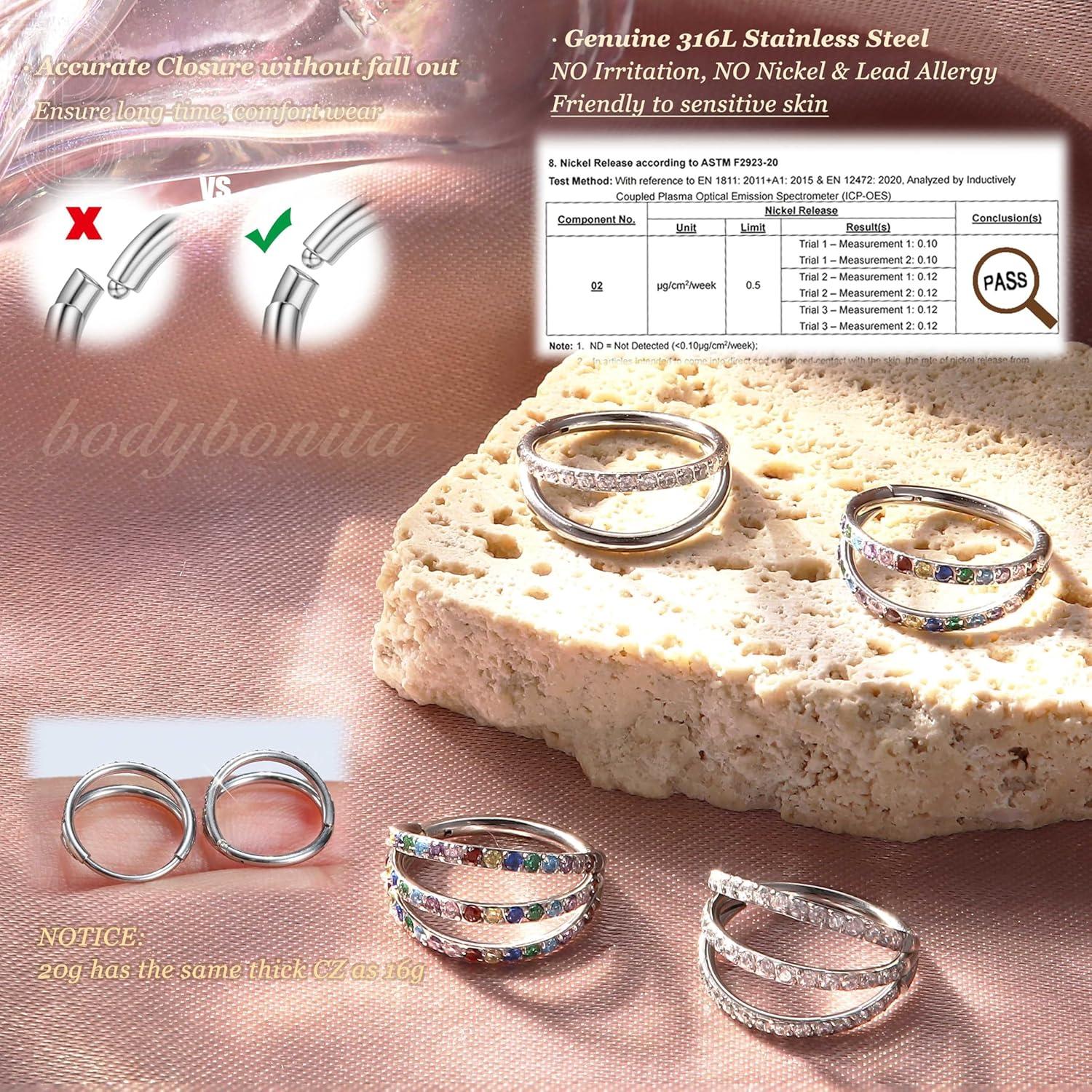 imageBodyBonita TripleDouble Hoop Nose Ring 316L Stainless Steel Septum Clicker 16G18G20G CZ Conch Piercing Jewelry Septum Clicker Rings Cartilage Earring Helix Rook TragusRose Gold Color CZ Double