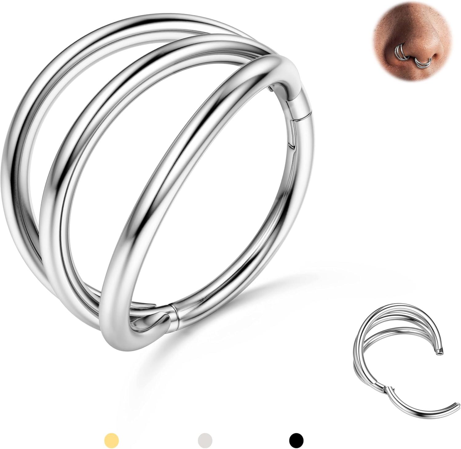 imageBodyBonita TripleDouble Hoop Nose Ring 316L Stainless Steel Septum Clicker 16G18G20G CZ Conch Piercing Jewelry Septum Clicker Rings Cartilage Earring Helix Rook TragusSilver Color Triple