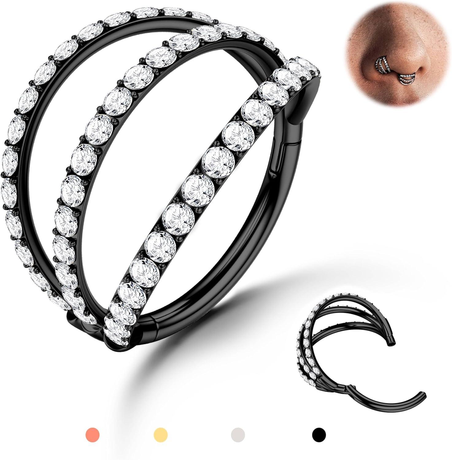 imageBodyBonita TripleDouble Hoop Nose Ring 316L Stainless Steel Septum Clicker 16G18G20G CZ Conch Piercing Jewelry Septum Clicker Rings Cartilage Earring Helix Rook TragusBlack Color CZ Triple