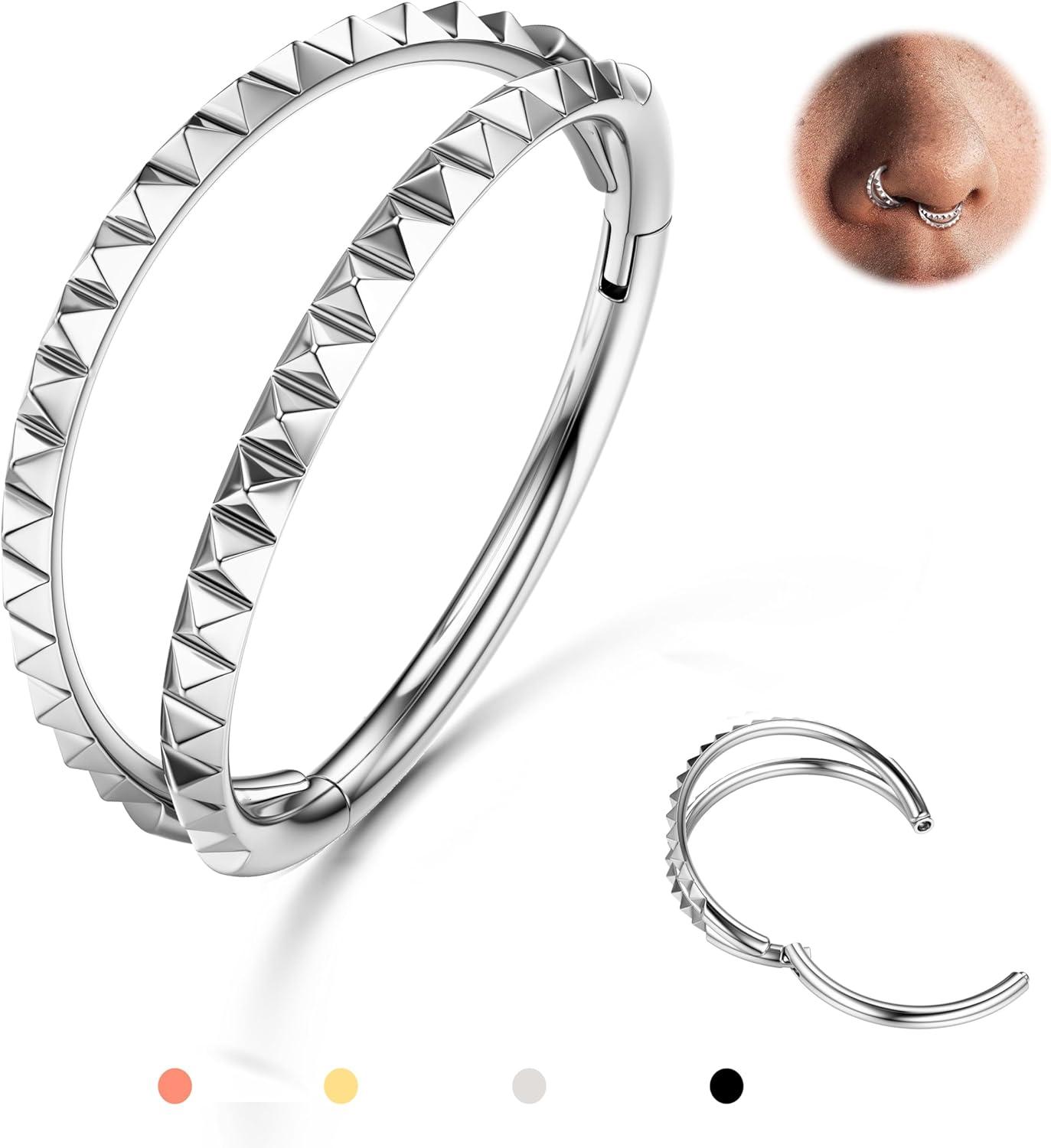imageBodyBonita TripleDouble Hoop Nose Ring 316L Stainless Steel Septum Clicker 16G18G20G CZ Conch Piercing Jewelry Septum Clicker Rings Cartilage Earring Helix Rook TragusSilver Color Pyraid