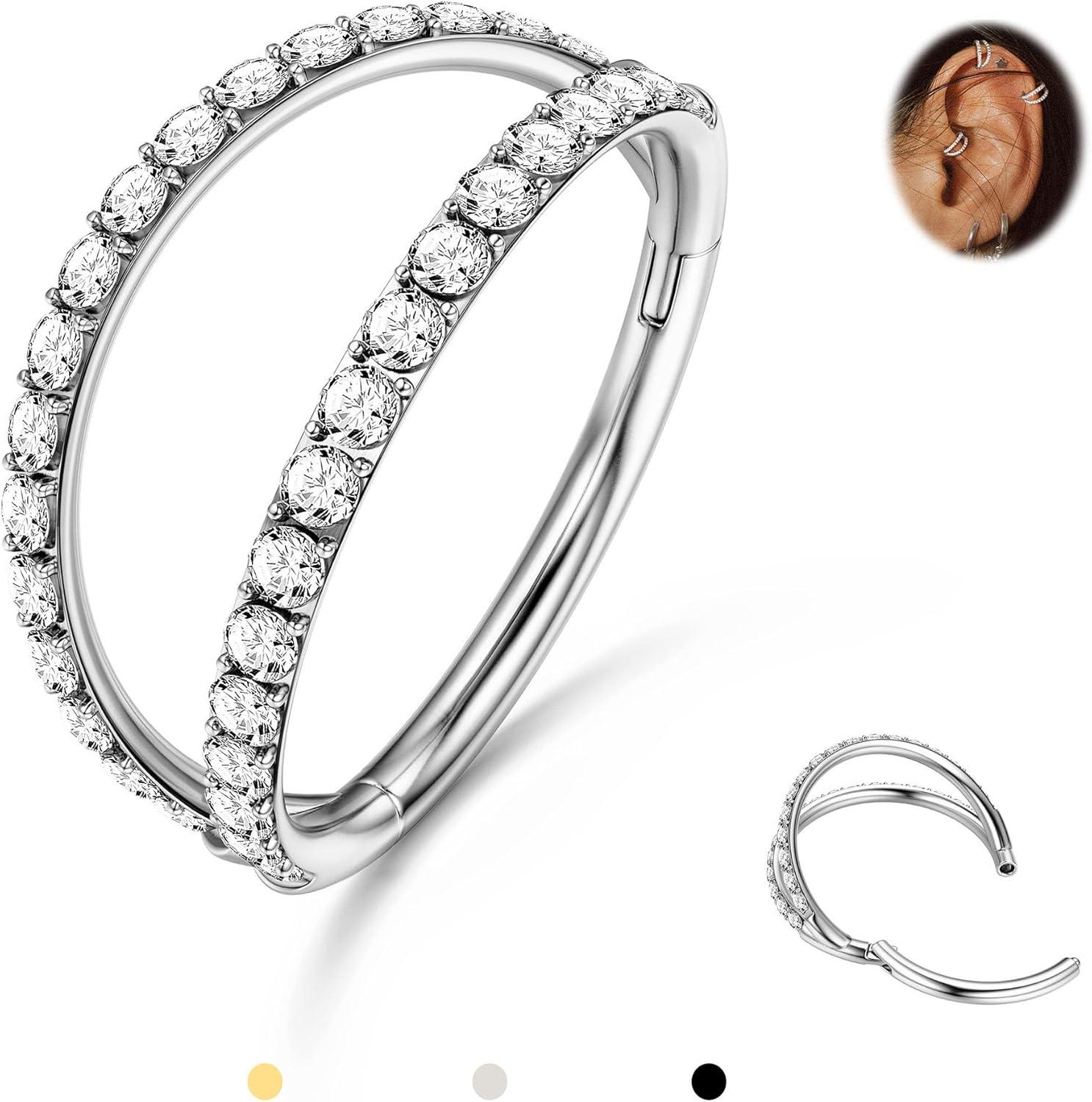 imageBodyBonita TripleDouble Hoop Nose Ring 316L Stainless Steel Septum Clicker 16G18G20G CZ Conch Piercing Jewelry Septum Clicker Rings Cartilage Earring Helix Rook TragusSilver Color CZ Double