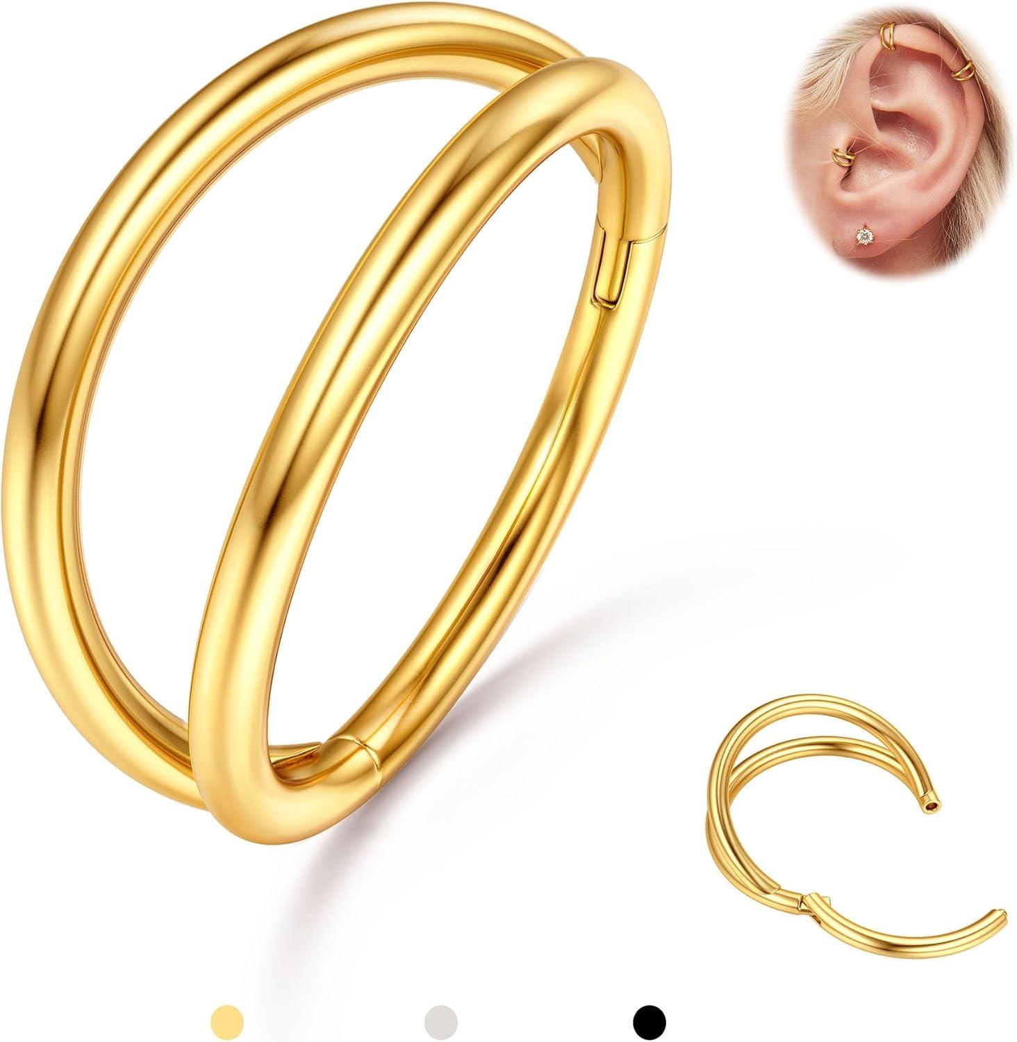imageBodyBonita TripleDouble Hoop Nose Ring 316L Stainless Steel Septum Clicker 16G18G20G CZ Conch Piercing Jewelry Septum Clicker Rings Cartilage Earring Helix Rook Tragus14K Gold Plated Double
