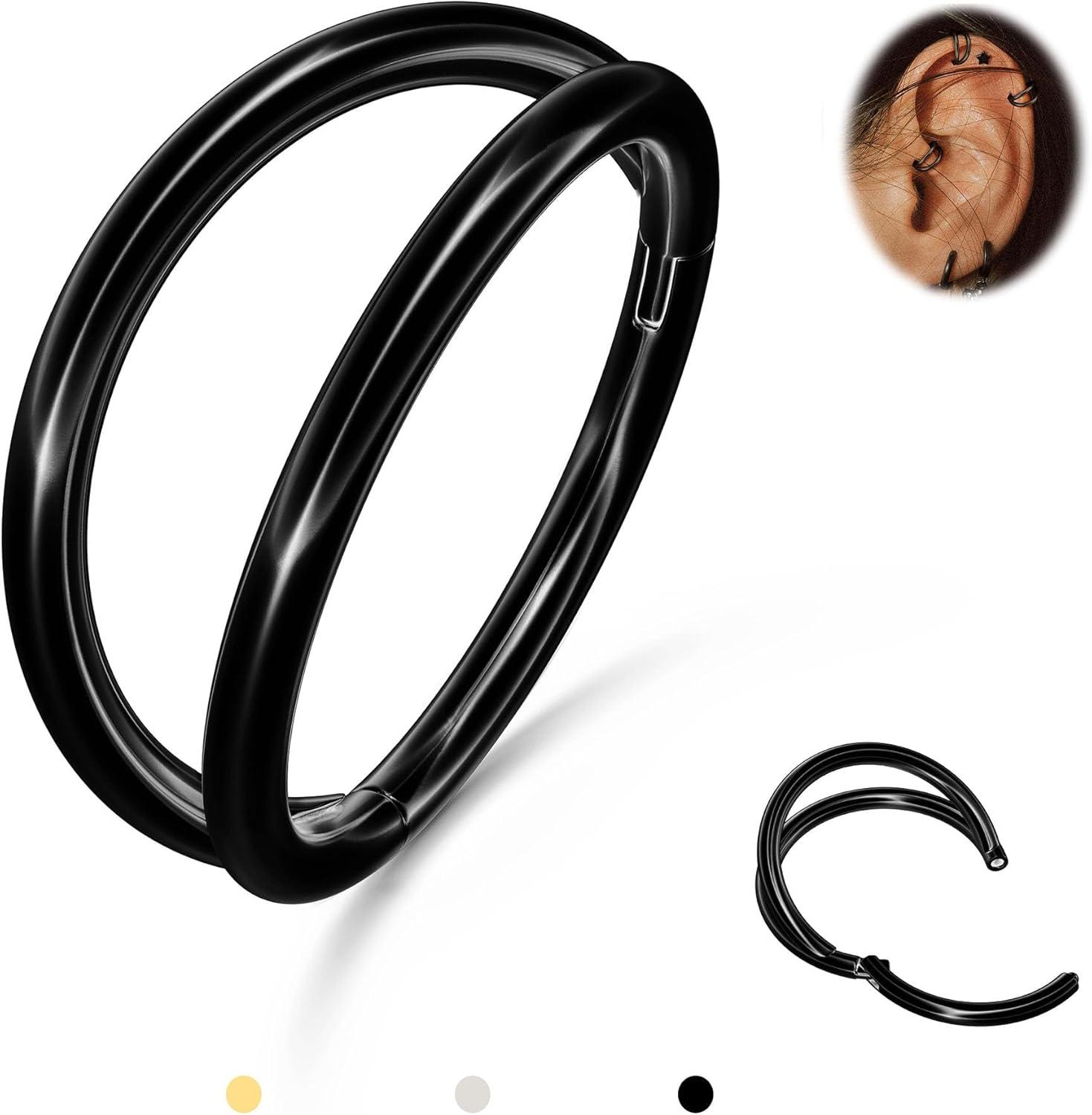 imageBodyBonita TripleDouble Hoop Nose Ring 316L Stainless Steel Septum Clicker 16G18G20G CZ Conch Piercing Jewelry Septum Clicker Rings Cartilage Earring Helix Rook TragusBlack Color Double