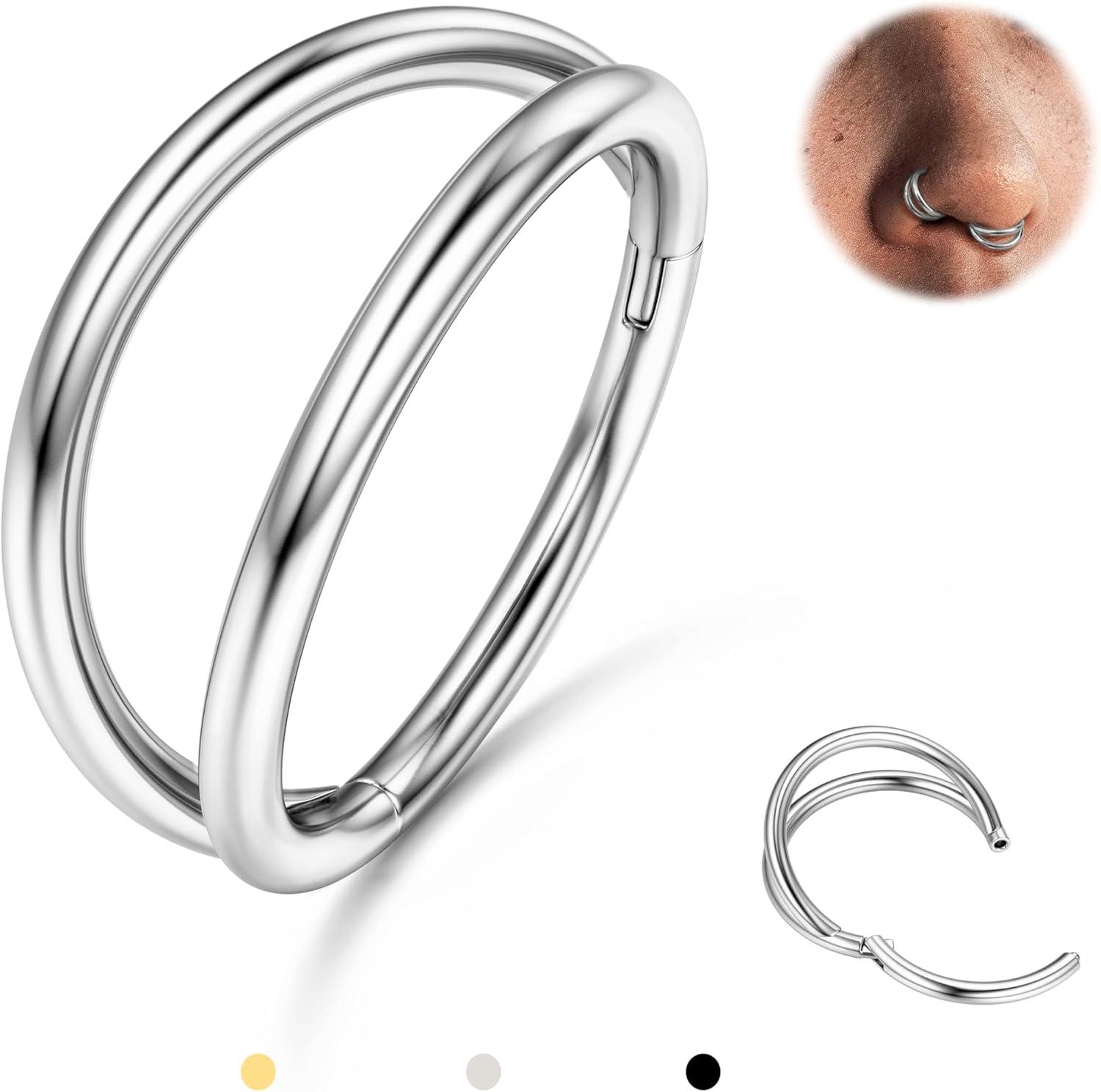 imageBodyBonita TripleDouble Hoop Nose Ring 316L Stainless Steel Septum Clicker 16G18G20G CZ Conch Piercing Jewelry Septum Clicker Rings Cartilage Earring Helix Rook TragusSilver Color Double
