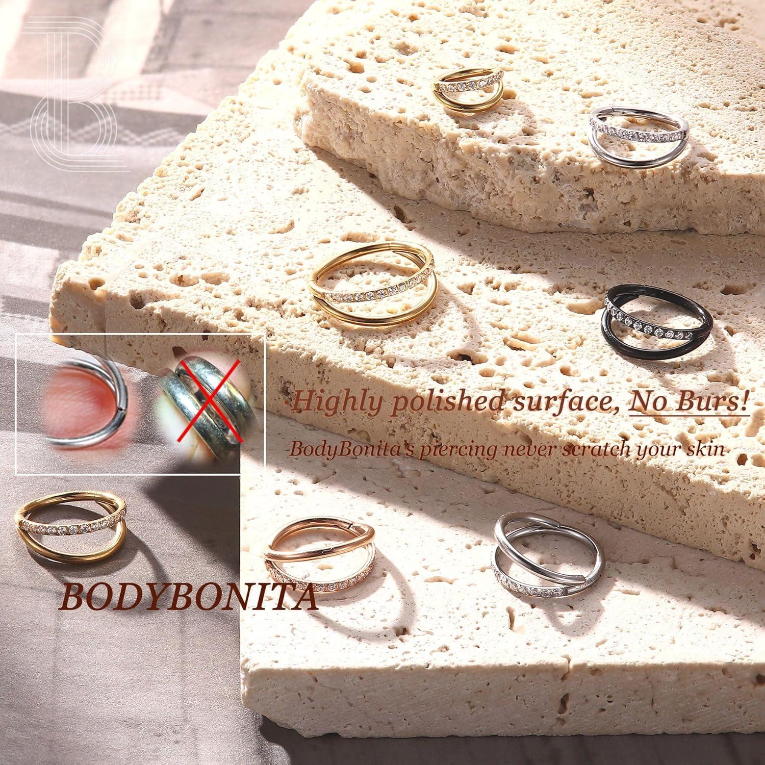 imageBodyBonita TripleDouble Hoop Nose Ring 316L Stainless Steel Septum Clicker 16G18G20G CZ Conch Piercing Jewelry Septum Clicker Rings Cartilage Earring Helix Rook TragusSilver Color 1 Side CZ Double