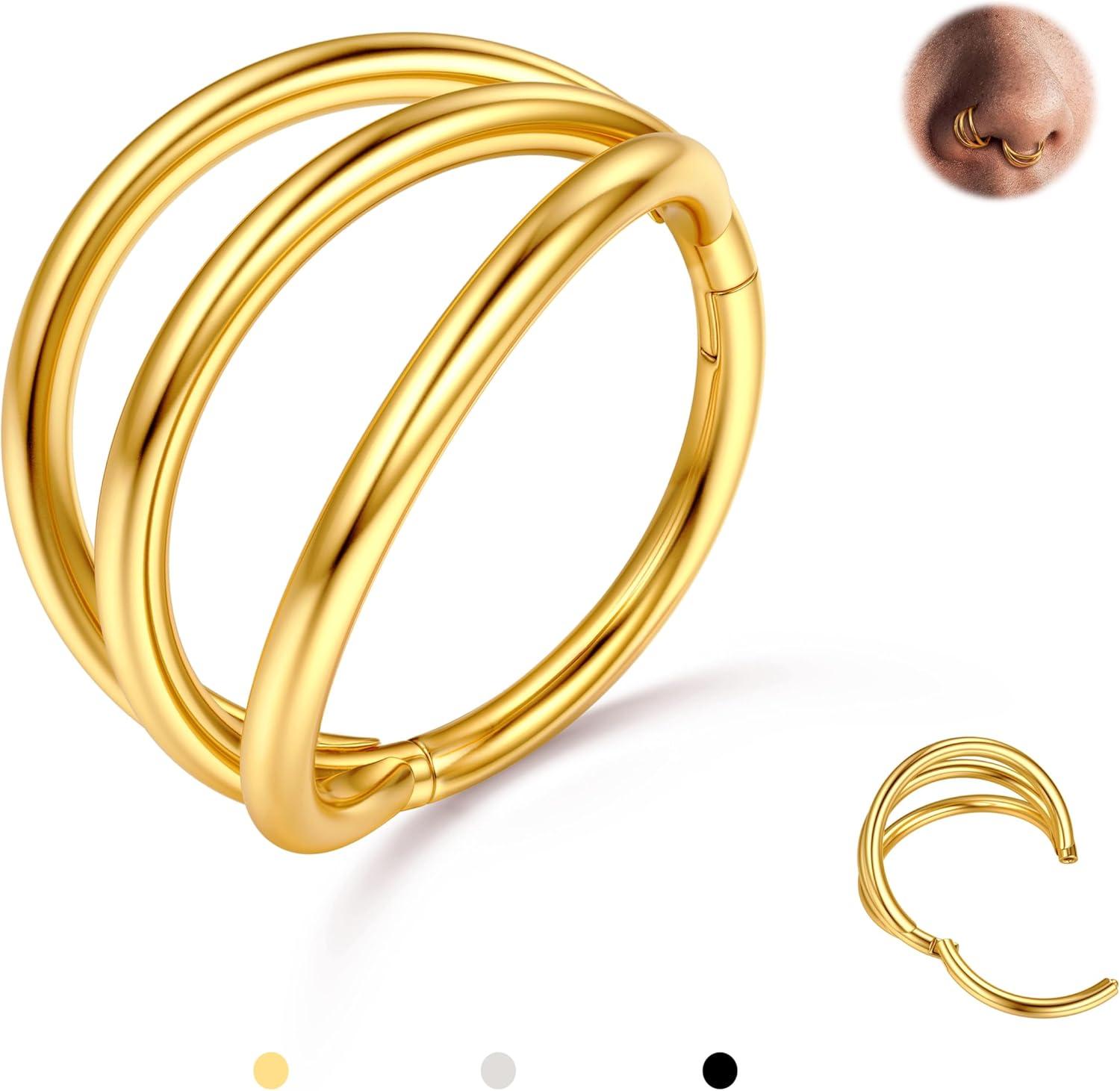 imageBodyBonita TripleDouble Hoop Nose Ring 316L Stainless Steel Septum Clicker 16G18G20G CZ Conch Piercing Jewelry Septum Clicker Rings Cartilage Earring Helix Rook Tragus14K Gold Plated Triple