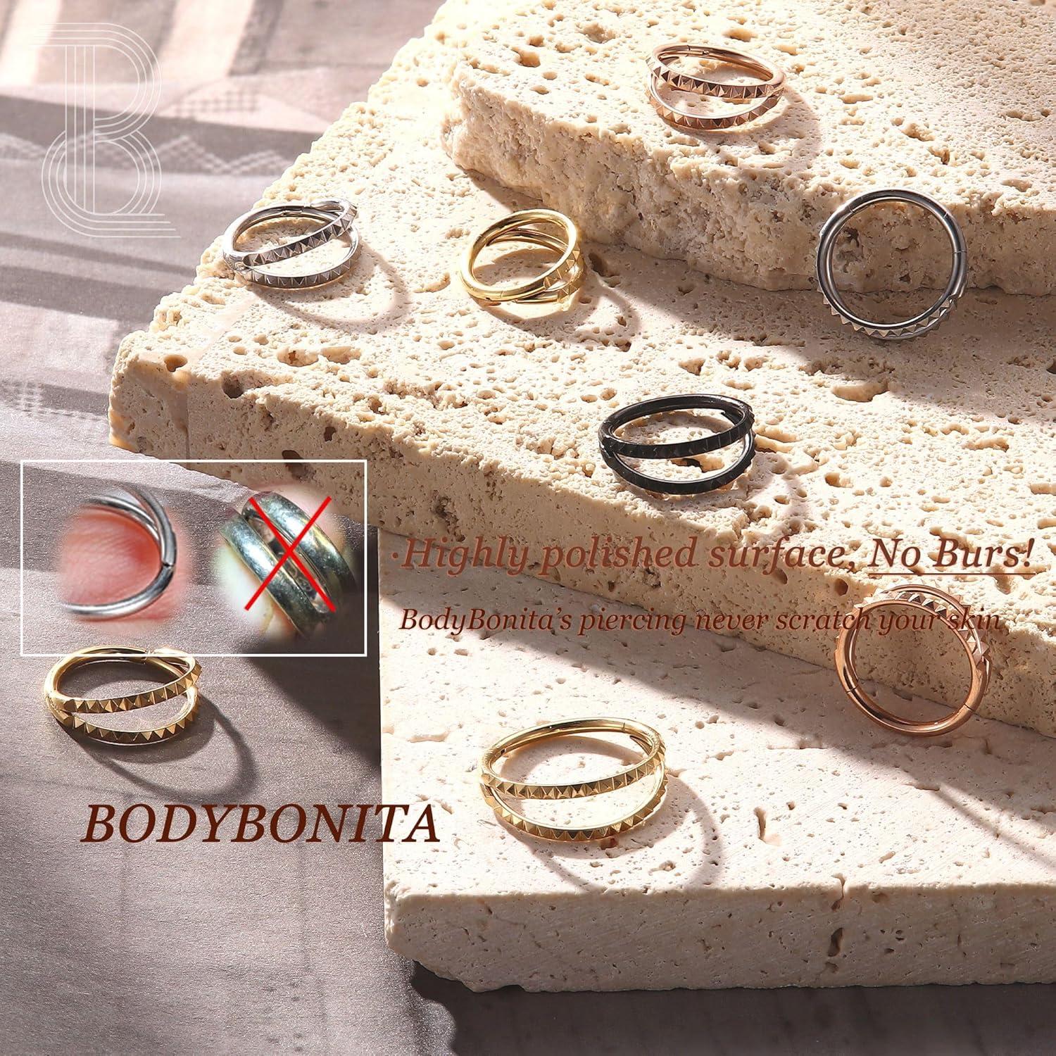 imageBodyBonita TripleDouble Hoop Nose Ring 316L Stainless Steel Septum Clicker 16G18G20G CZ Conch Piercing Jewelry Septum Clicker Rings Cartilage Earring Helix Rook TragusSilver Color Pyraid