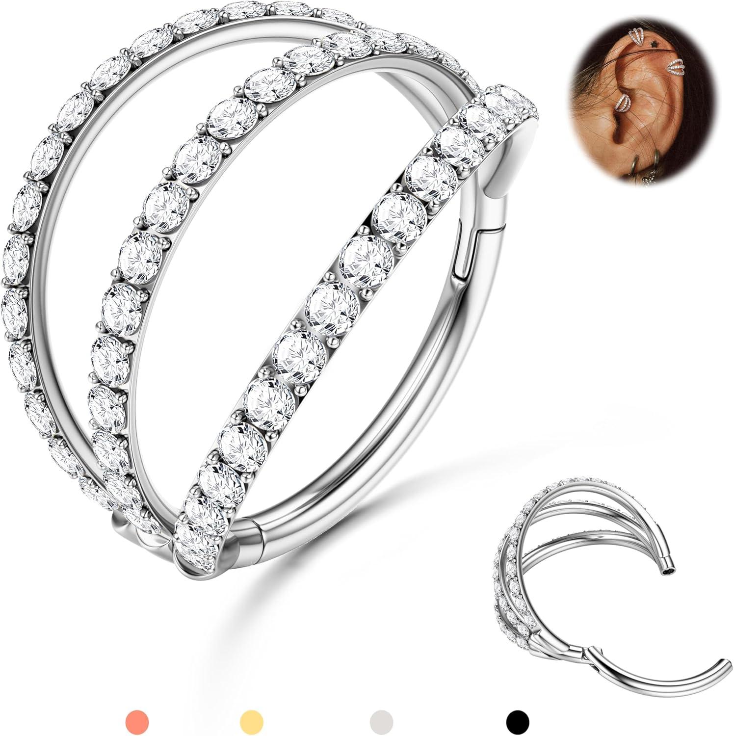 imageBodyBonita TripleDouble Hoop Nose Ring 316L Stainless Steel Septum Clicker 16G18G20G CZ Conch Piercing Jewelry Septum Clicker Rings Cartilage Earring Helix Rook TragusSilver Color CZ Triple