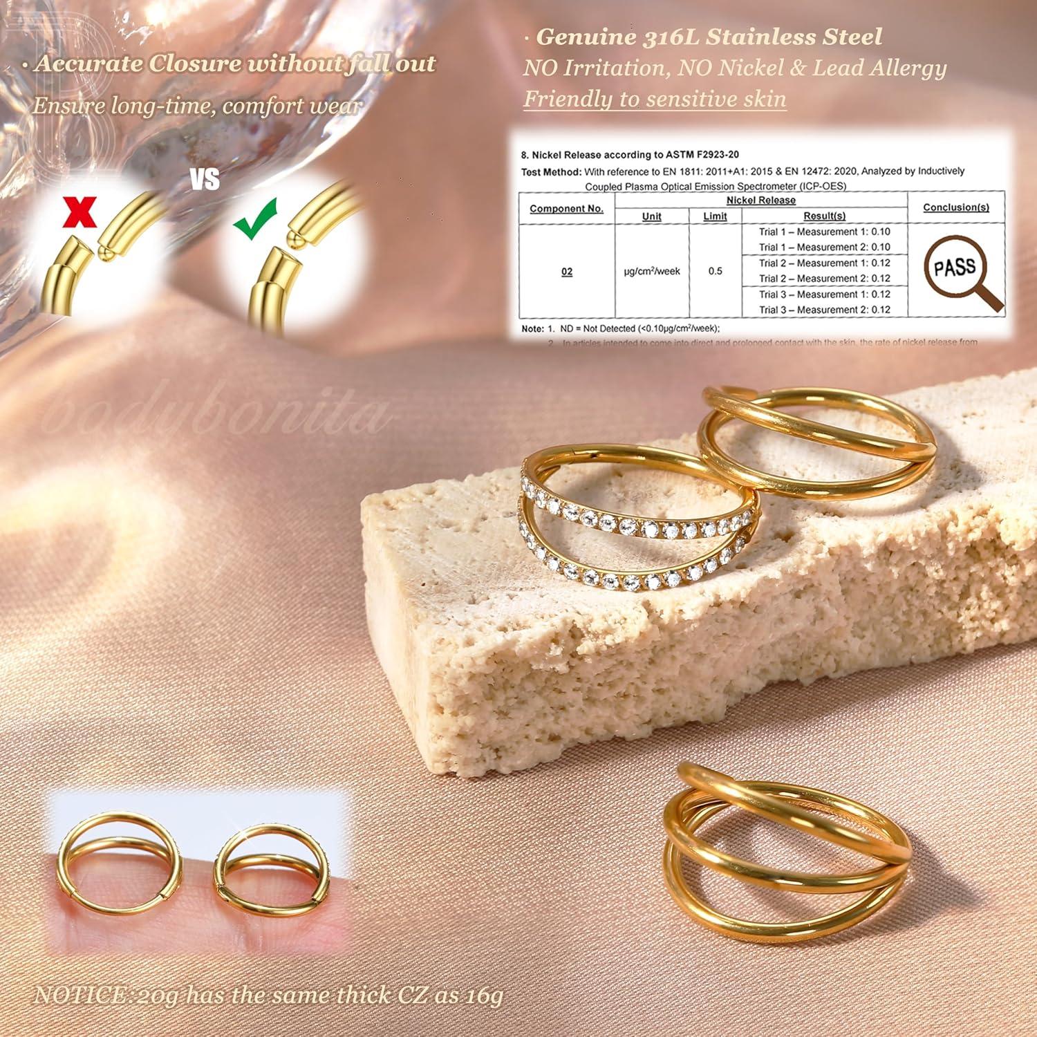 imageBodyBonita TripleDouble Hoop Nose Ring 316L Stainless Steel Septum Clicker 16G18G20G CZ Conch Piercing Jewelry Septum Clicker Rings Cartilage Earring Helix Rook TragusSilver Color Double