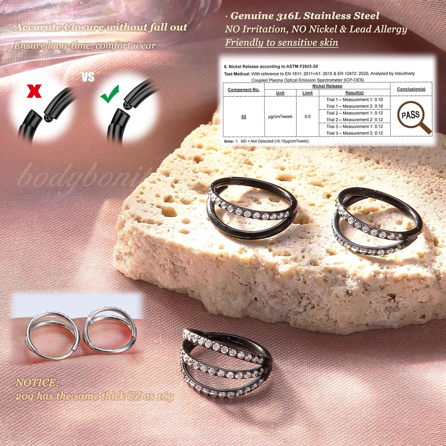 imageBodyBonita TripleDouble Hoop Nose Ring 316L Stainless Steel Septum Clicker 16G18G20G CZ Conch Piercing Jewelry Septum Clicker Rings Cartilage Earring Helix Rook TragusBlack Color 1 Side CZ Double