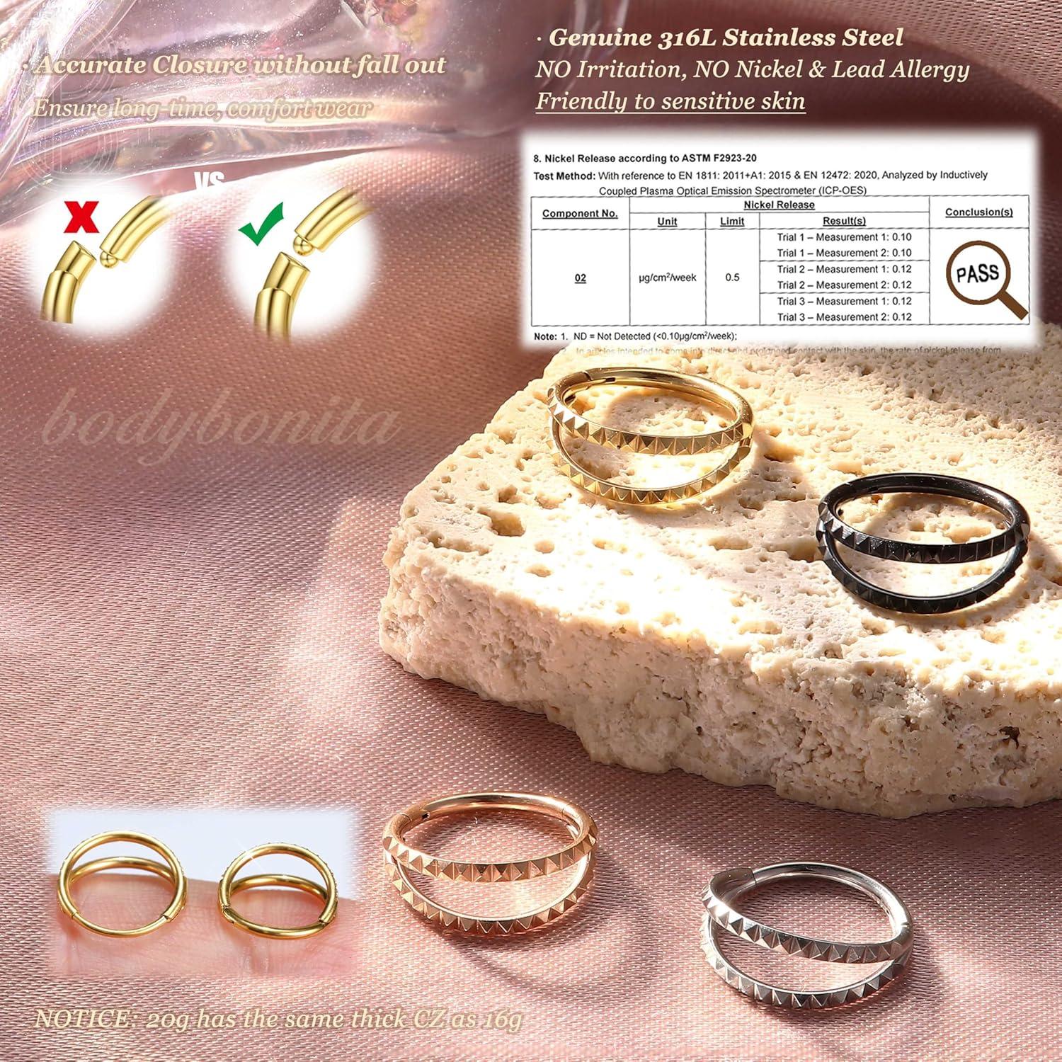 imageBodyBonita TripleDouble Hoop Nose Ring 316L Stainless Steel Septum Clicker 16G18G20G CZ Conch Piercing Jewelry Septum Clicker Rings Cartilage Earring Helix Rook TragusSilver Color Pyraid