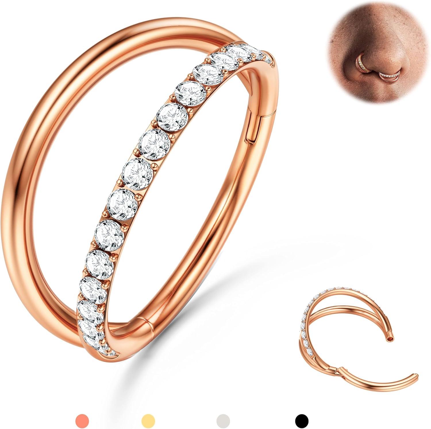 imageBodyBonita TripleDouble Hoop Nose Ring 316L Stainless Steel Septum Clicker 16G18G20G CZ Conch Piercing Jewelry Septum Clicker Rings Cartilage Earring Helix Rook TragusRose Gold Color 1 Side CZ Double