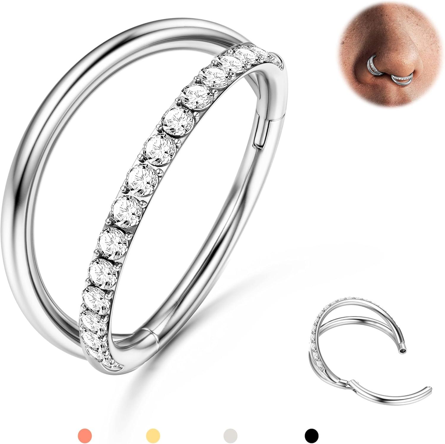 imageBodyBonita TripleDouble Hoop Nose Ring 316L Stainless Steel Septum Clicker 16G18G20G CZ Conch Piercing Jewelry Septum Clicker Rings Cartilage Earring Helix Rook TragusSilver Color 1 Side CZ Double