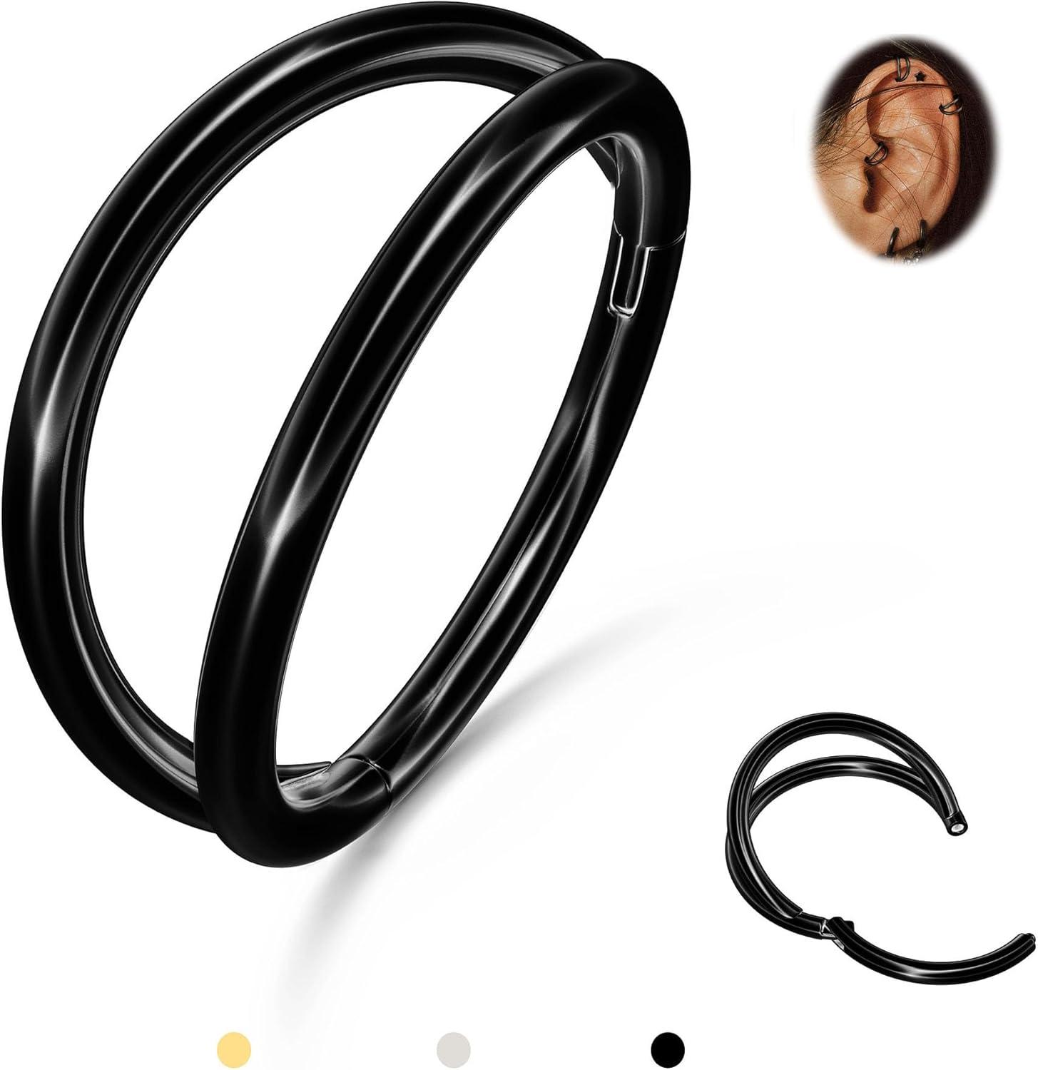 imageBodyBonita TripleDouble Hoop Nose Ring 316L Stainless Steel Septum Clicker 16G18G20G CZ Conch Piercing Jewelry Septum Clicker Rings Cartilage Earring Helix Rook TragusBlack Color Double