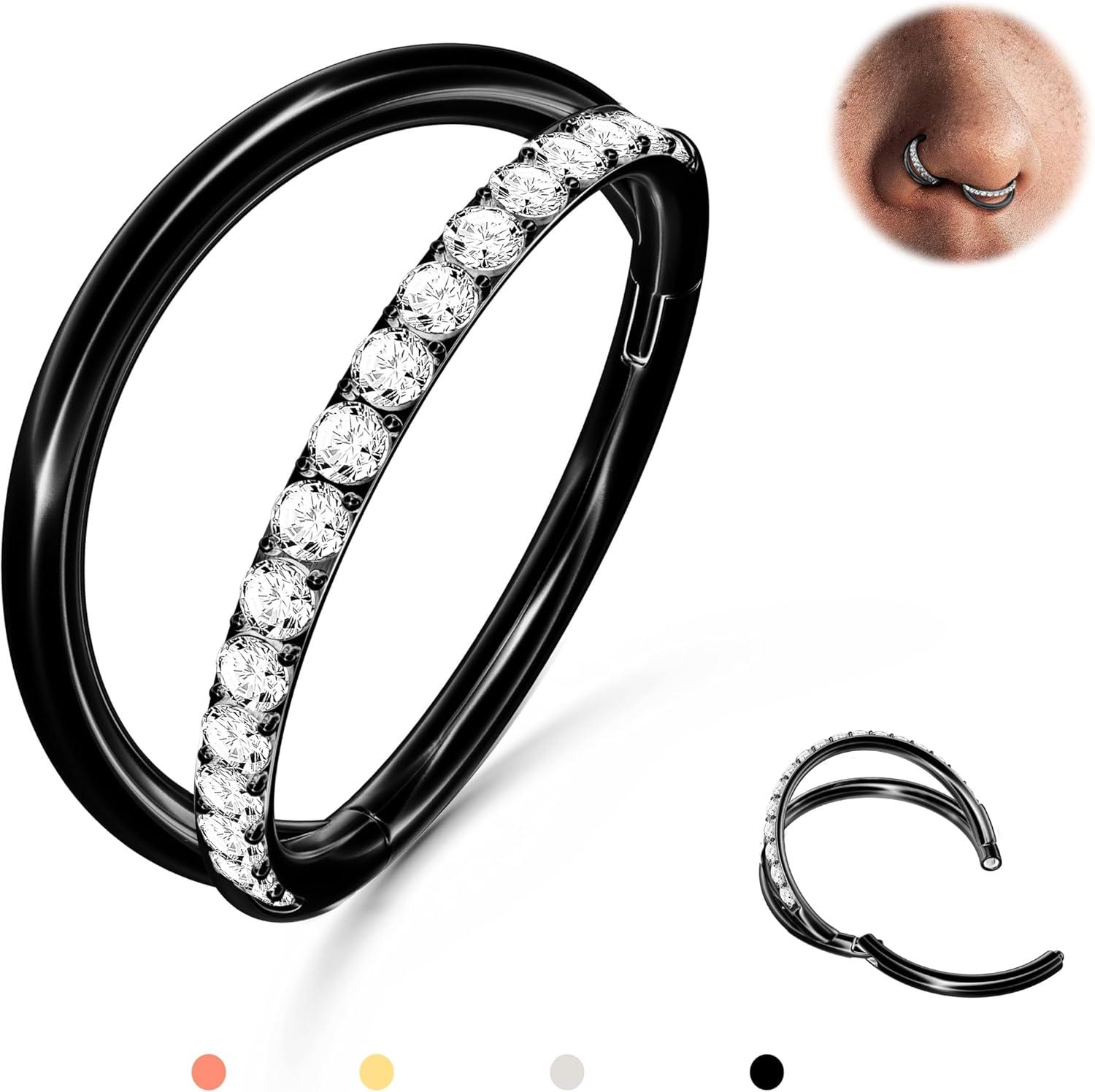 imageBodyBonita TripleDouble Hoop Nose Ring 316L Stainless Steel Septum Clicker 16G18G20G CZ Conch Piercing Jewelry Septum Clicker Rings Cartilage Earring Helix Rook TragusBlack Color 1 Side CZ Double