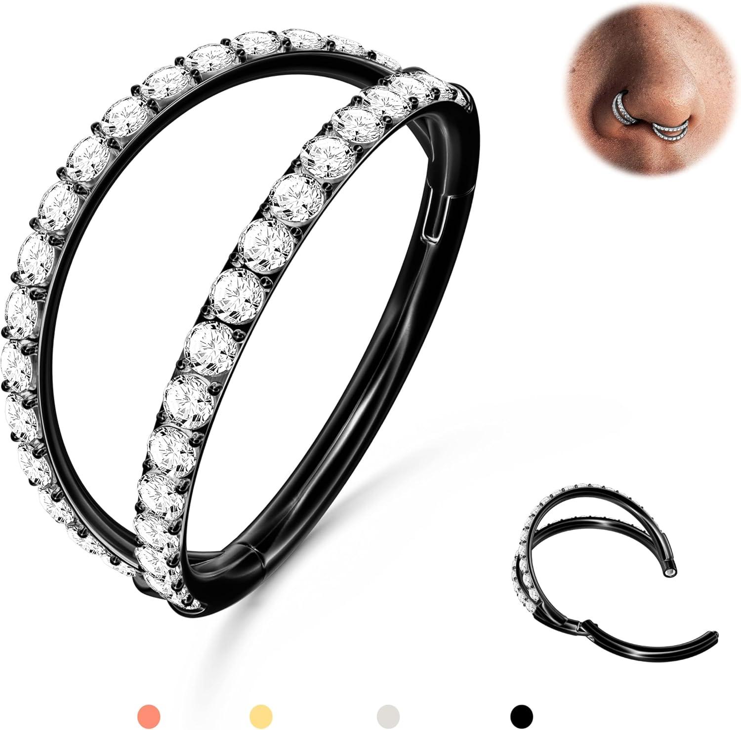 imageBodyBonita TripleDouble Hoop Nose Ring 316L Stainless Steel Septum Clicker 16G18G20G CZ Conch Piercing Jewelry Septum Clicker Rings Cartilage Earring Helix Rook TragusBlack Color CZ Double