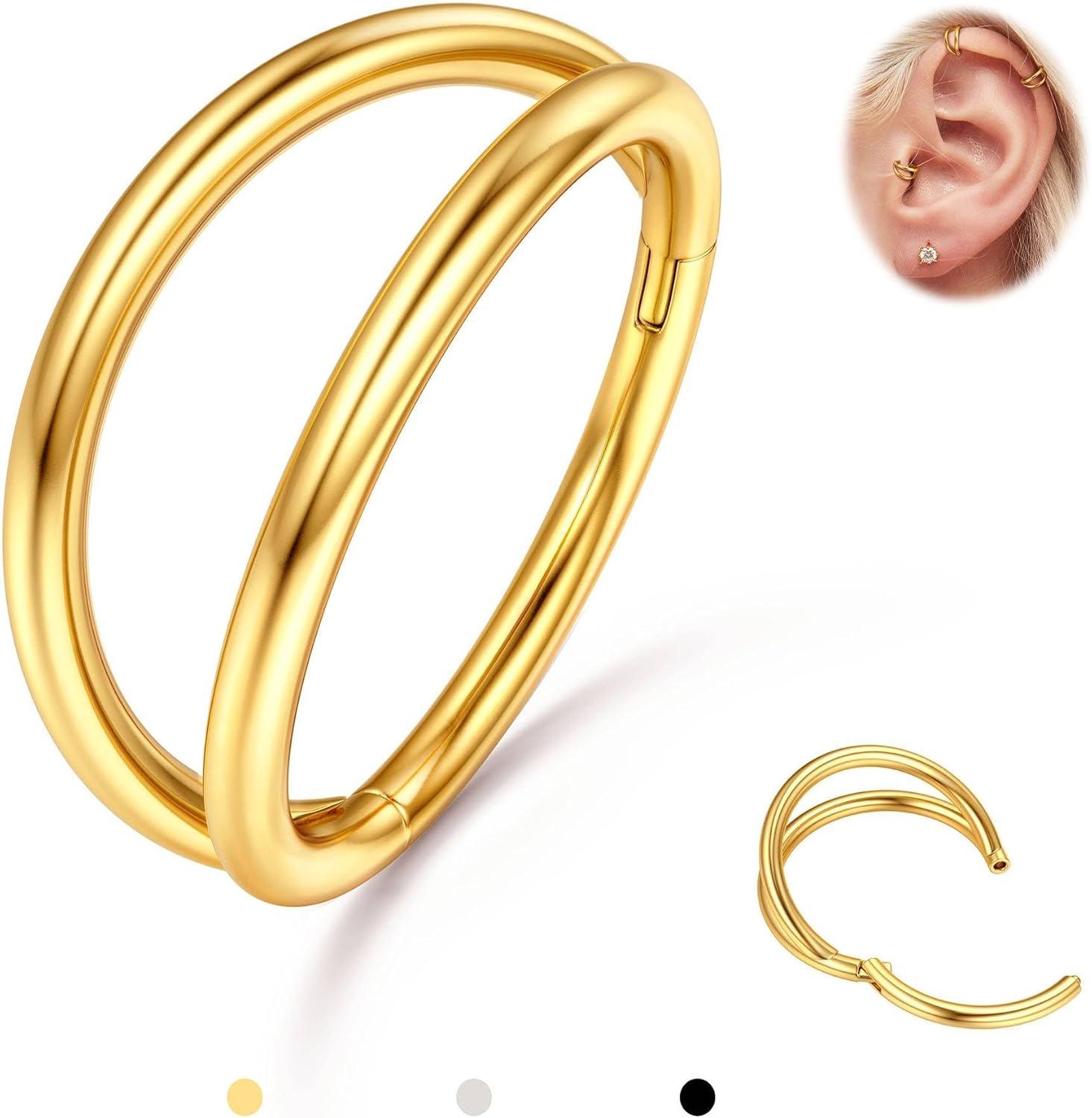 imageBodyBonita TripleDouble Hoop Nose Ring 316L Stainless Steel Septum Clicker 16G18G20G CZ Conch Piercing Jewelry Septum Clicker Rings Cartilage Earring Helix Rook Tragus14K Gold Plated Double