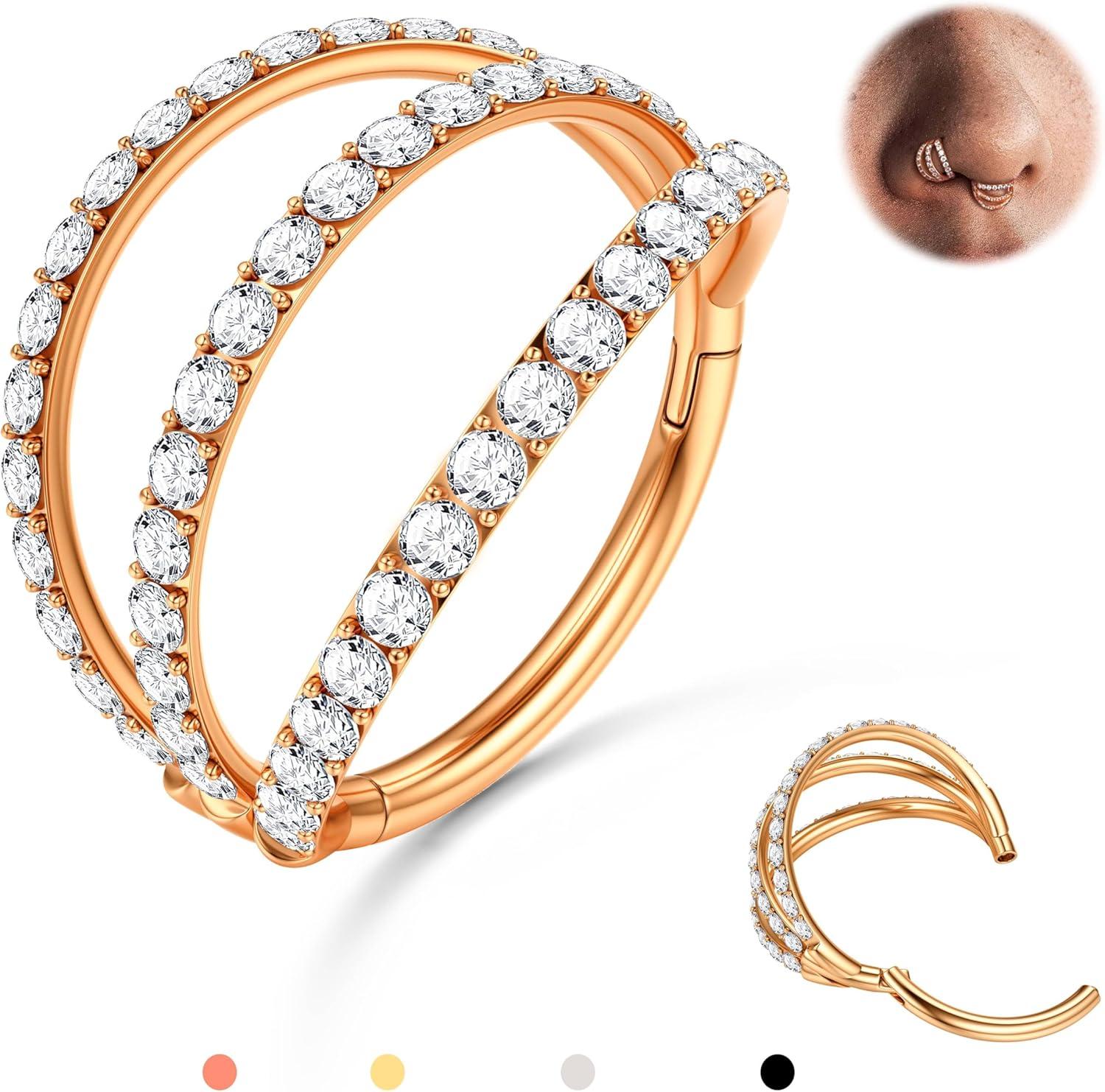 imageBodyBonita TripleDouble Hoop Nose Ring 316L Stainless Steel Septum Clicker 16G18G20G CZ Conch Piercing Jewelry Septum Clicker Rings Cartilage Earring Helix Rook TragusRose Gold Color CZ Triple