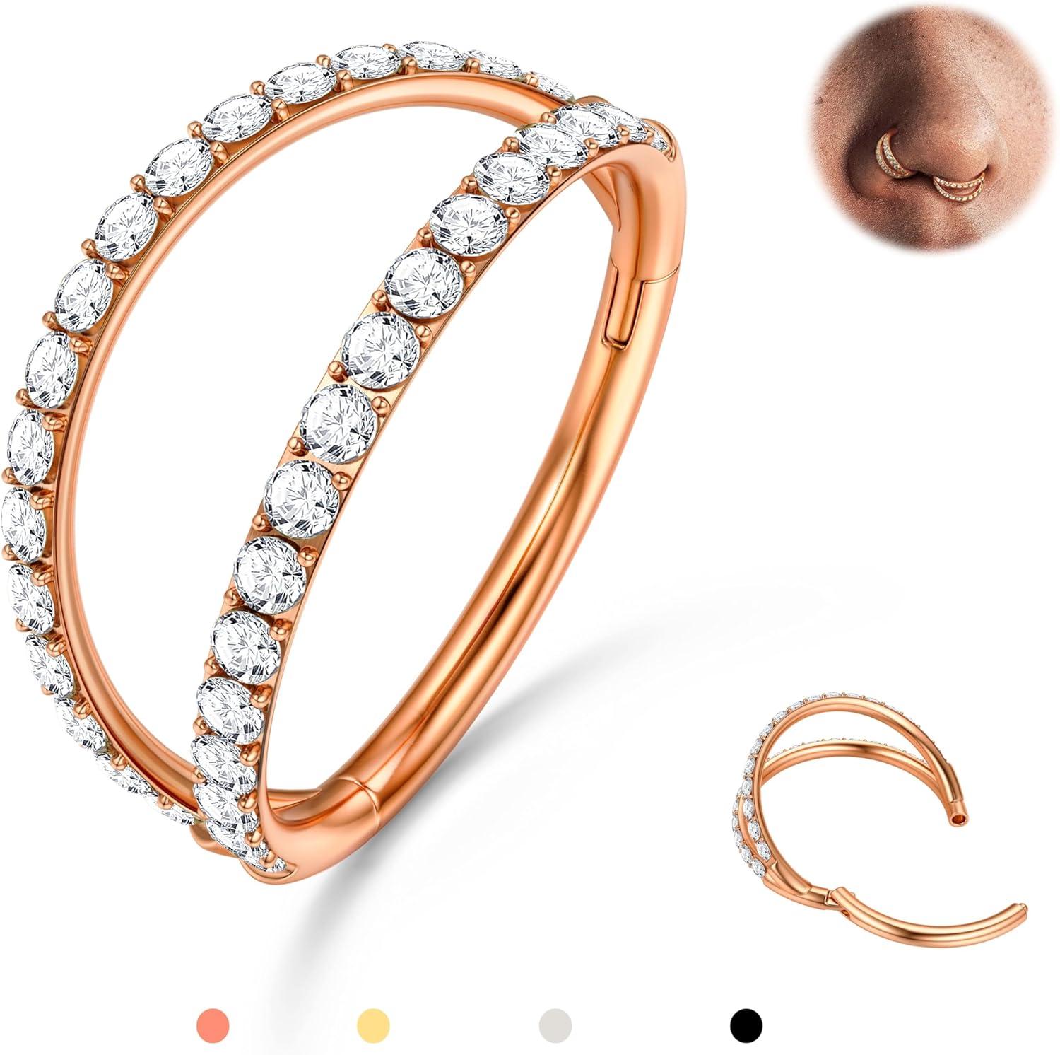 imageBodyBonita TripleDouble Hoop Nose Ring 316L Stainless Steel Septum Clicker 16G18G20G CZ Conch Piercing Jewelry Septum Clicker Rings Cartilage Earring Helix Rook TragusRose Gold Color CZ Double