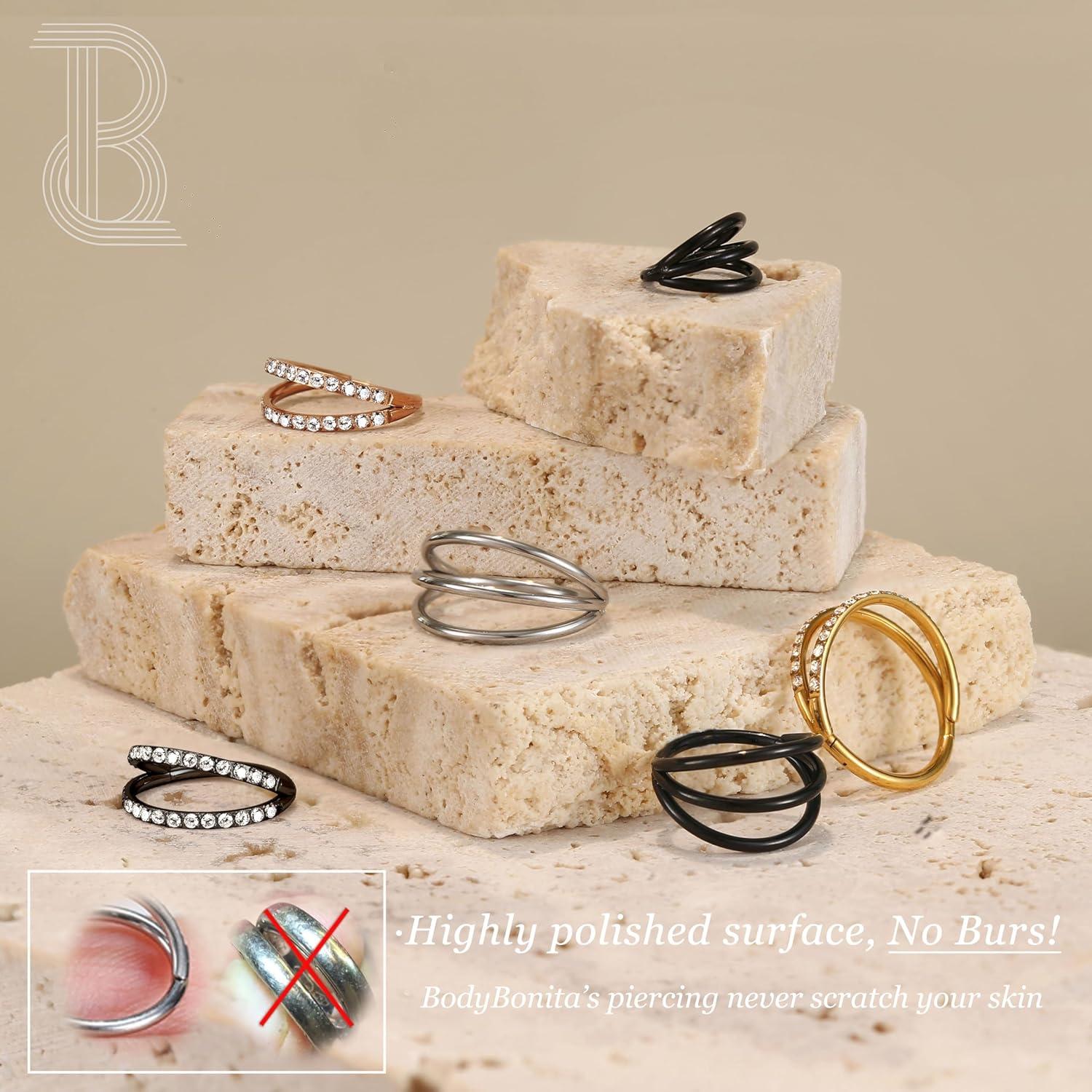 imageBodyBonita TripleDouble Hoop Nose Ring 316L Stainless Steel Septum Clicker 16G18G20G CZ Conch Piercing Jewelry Septum Clicker Rings Cartilage Earring Helix Rook TragusRose Gold Color CZ Double