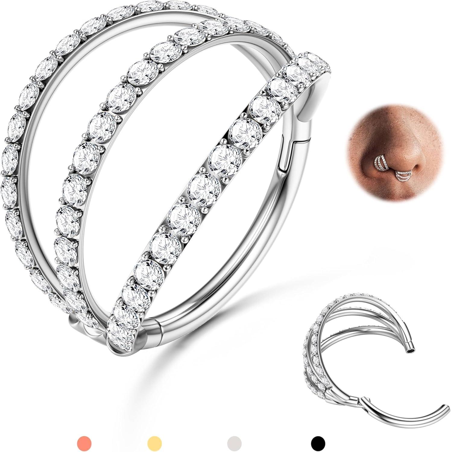 imageBodyBonita TripleDouble Hoop Nose Ring 316L Stainless Steel Septum Clicker 16G18G20G CZ Conch Piercing Jewelry Septum Clicker Rings Cartilage Earring Helix Rook TragusSilver Color CZ Triple