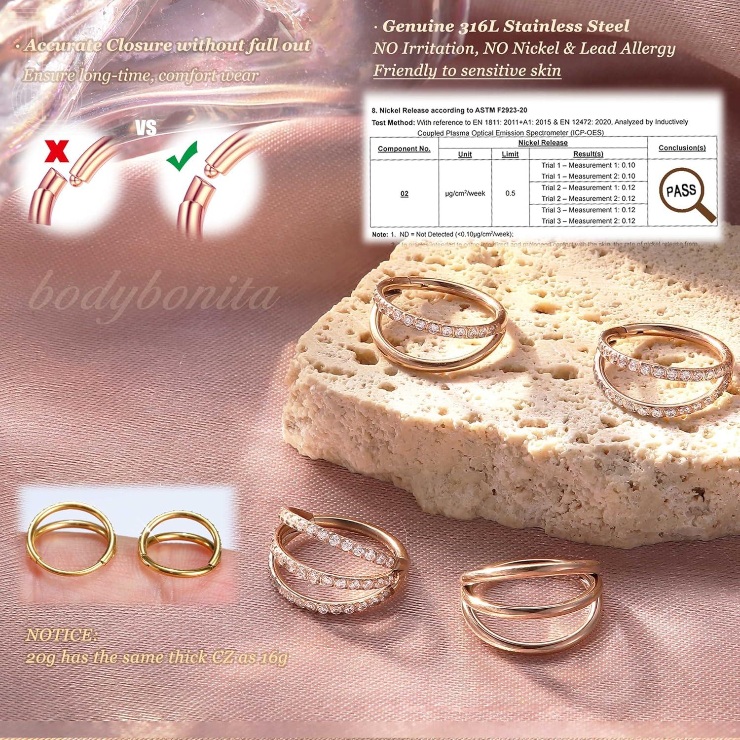 imageBodyBonita TripleDouble Hoop Nose Ring 316L Stainless Steel Septum Clicker 16G18G20G CZ Conch Piercing Jewelry Septum Clicker Rings Cartilage Earring Helix Rook TragusRose Gold Color Triple
