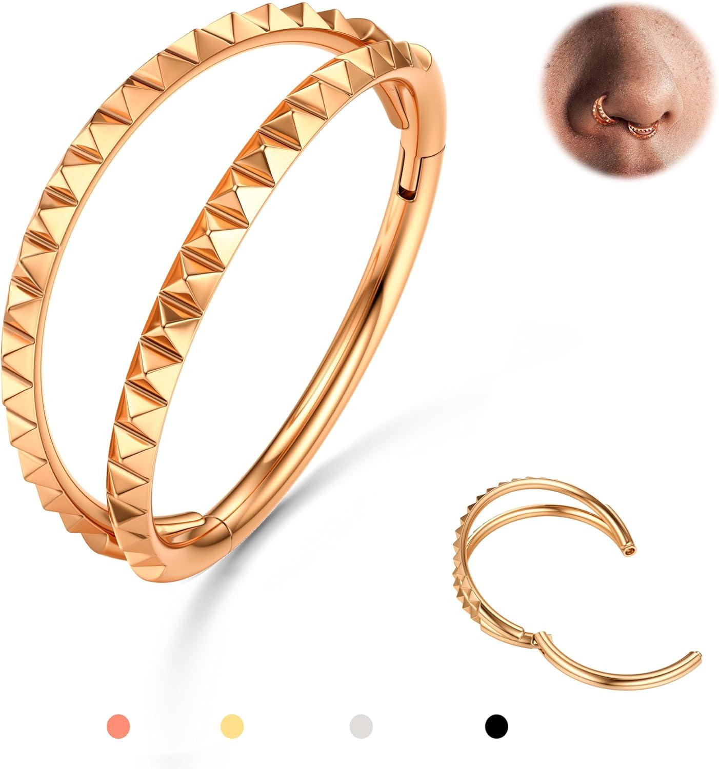 imageBodyBonita TripleDouble Hoop Nose Ring 316L Stainless Steel Septum Clicker 16G18G20G CZ Conch Piercing Jewelry Septum Clicker Rings Cartilage Earring Helix Rook TragusRose Gold Color Pyraid