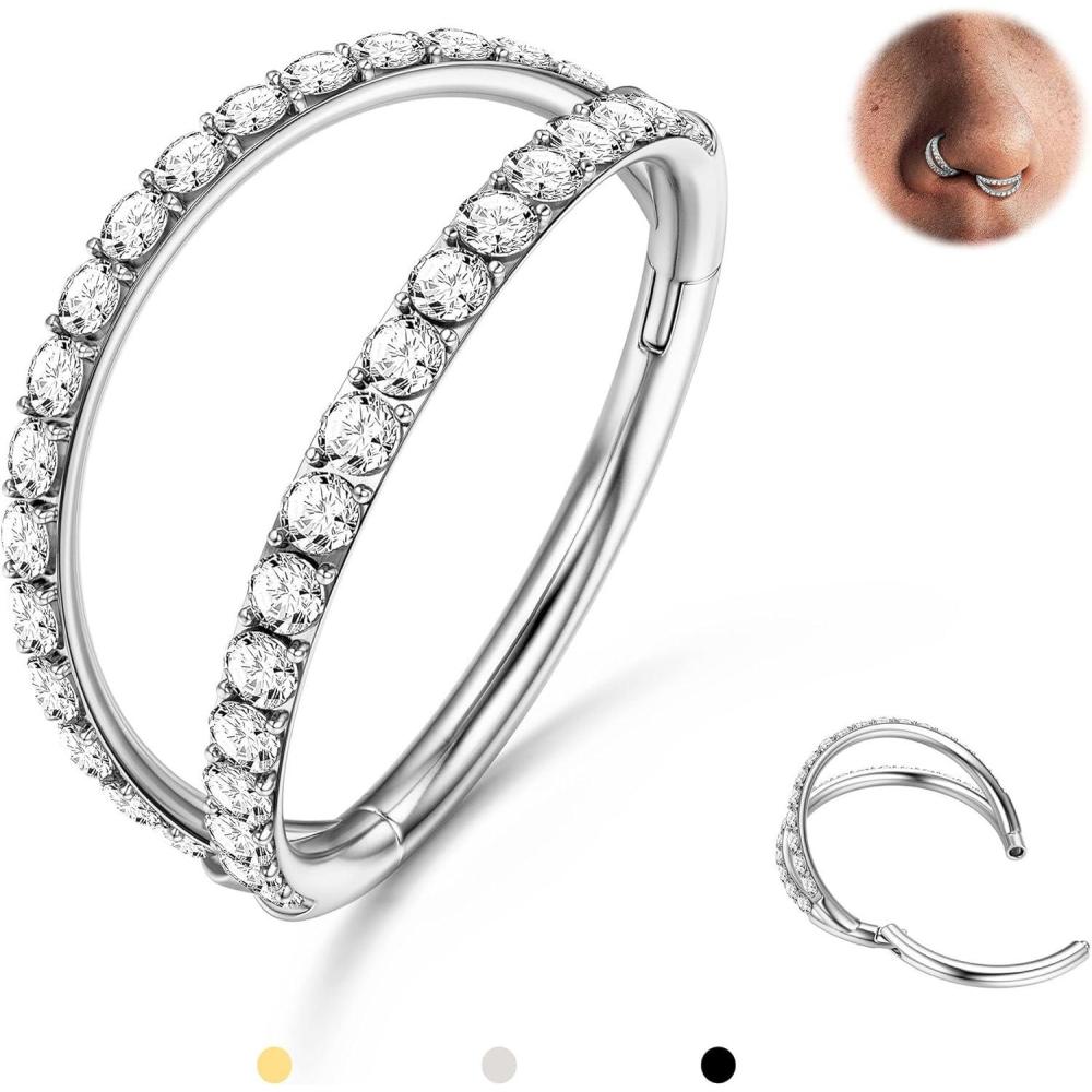 imageBodyBonita TripleDouble Hoop Nose Ring 316L Stainless Steel Septum Clicker 16G18G20G CZ Conch Piercing Jewelry Septum Clicker Rings Cartilage Earring Helix Rook TragusSilver Color CZ Double