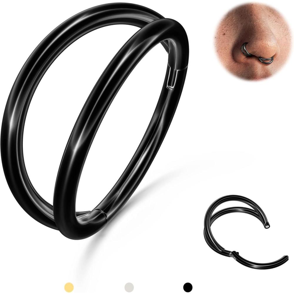 imageBodyBonita TripleDouble Hoop Nose Ring 316L Stainless Steel Septum Clicker 16G18G20G CZ Conch Piercing Jewelry Septum Clicker Rings Cartilage Earring Helix Rook TragusBlack Color Double