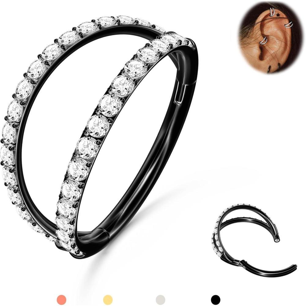 imageBodyBonita TripleDouble Hoop Nose Ring 316L Stainless Steel Septum Clicker 16G18G20G CZ Conch Piercing Jewelry Septum Clicker Rings Cartilage Earring Helix Rook TragusBlack Color CZ Double