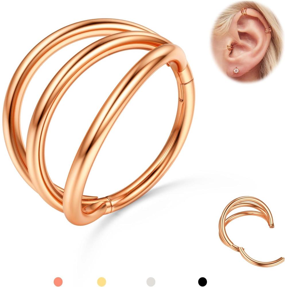 imageBodyBonita TripleDouble Hoop Nose Ring 316L Stainless Steel Septum Clicker 16G18G20G CZ Conch Piercing Jewelry Septum Clicker Rings Cartilage Earring Helix Rook TragusRose Gold Color Triple