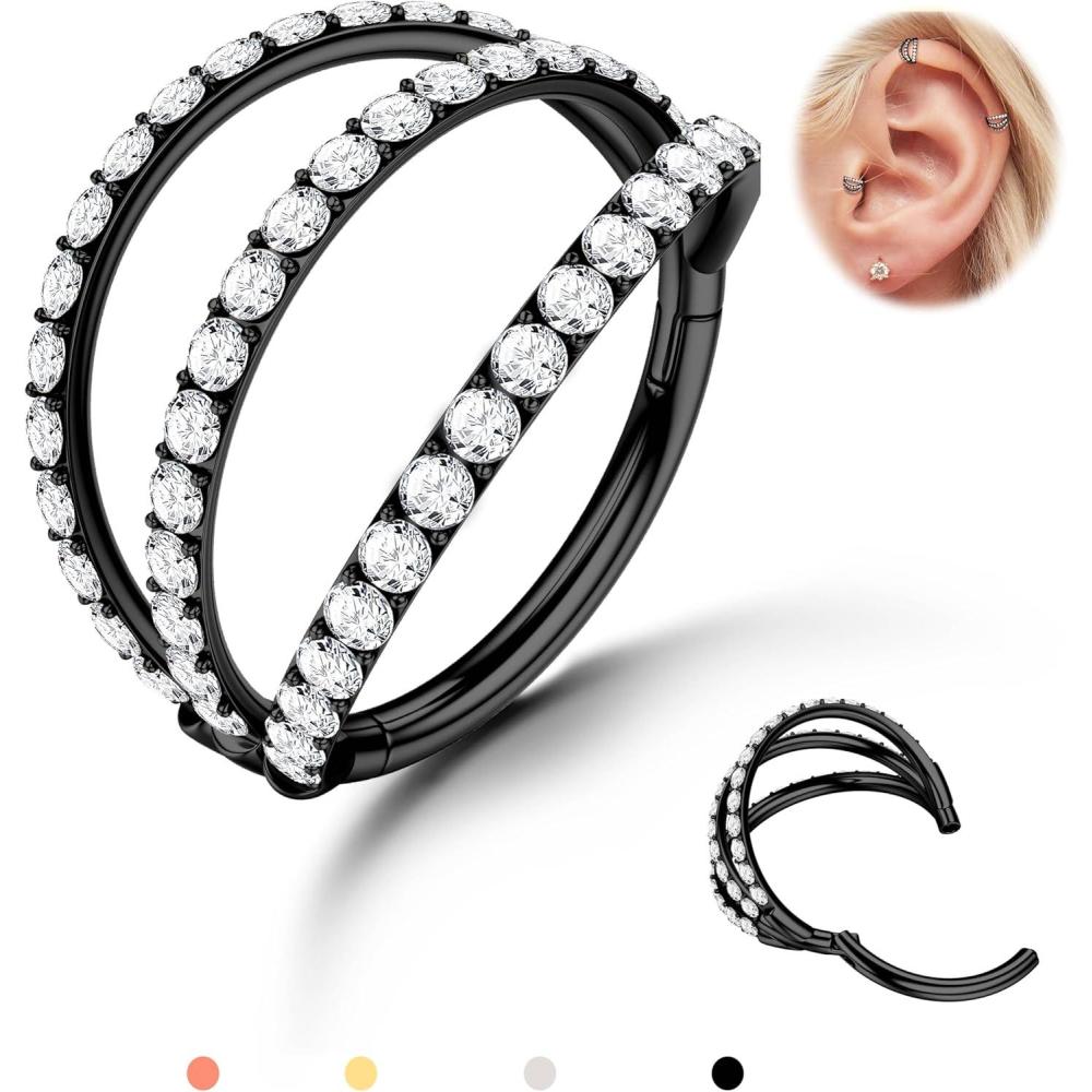 imageBodyBonita TripleDouble Hoop Nose Ring 316L Stainless Steel Septum Clicker 16G18G20G CZ Conch Piercing Jewelry Septum Clicker Rings Cartilage Earring Helix Rook TragusBlack Color CZ Triple