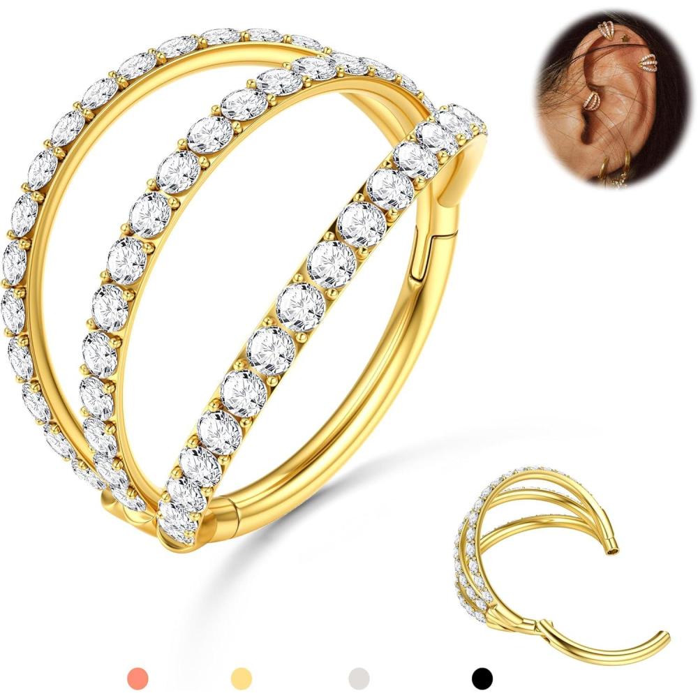 imageBodyBonita TripleDouble Hoop Nose Ring 316L Stainless Steel Septum Clicker 16G18G20G CZ Conch Piercing Jewelry Septum Clicker Rings Cartilage Earring Helix Rook Tragus14K Gold Plated CZ Triple
