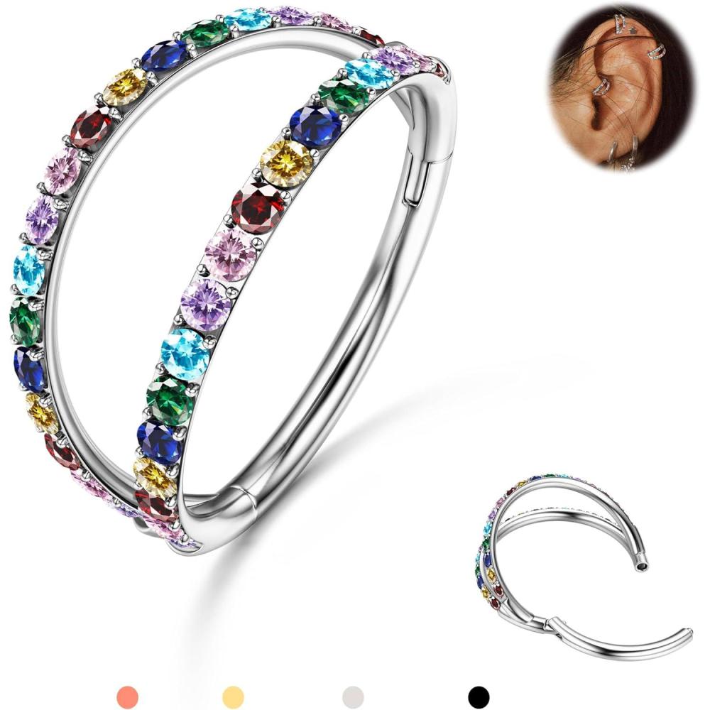imageBodyBonita TripleDouble Hoop Nose Ring 316L Stainless Steel Septum Clicker 16G18G20G CZ Conch Piercing Jewelry Septum Clicker Rings Cartilage Earring Helix Rook TragusSilver Color RBCZ Double