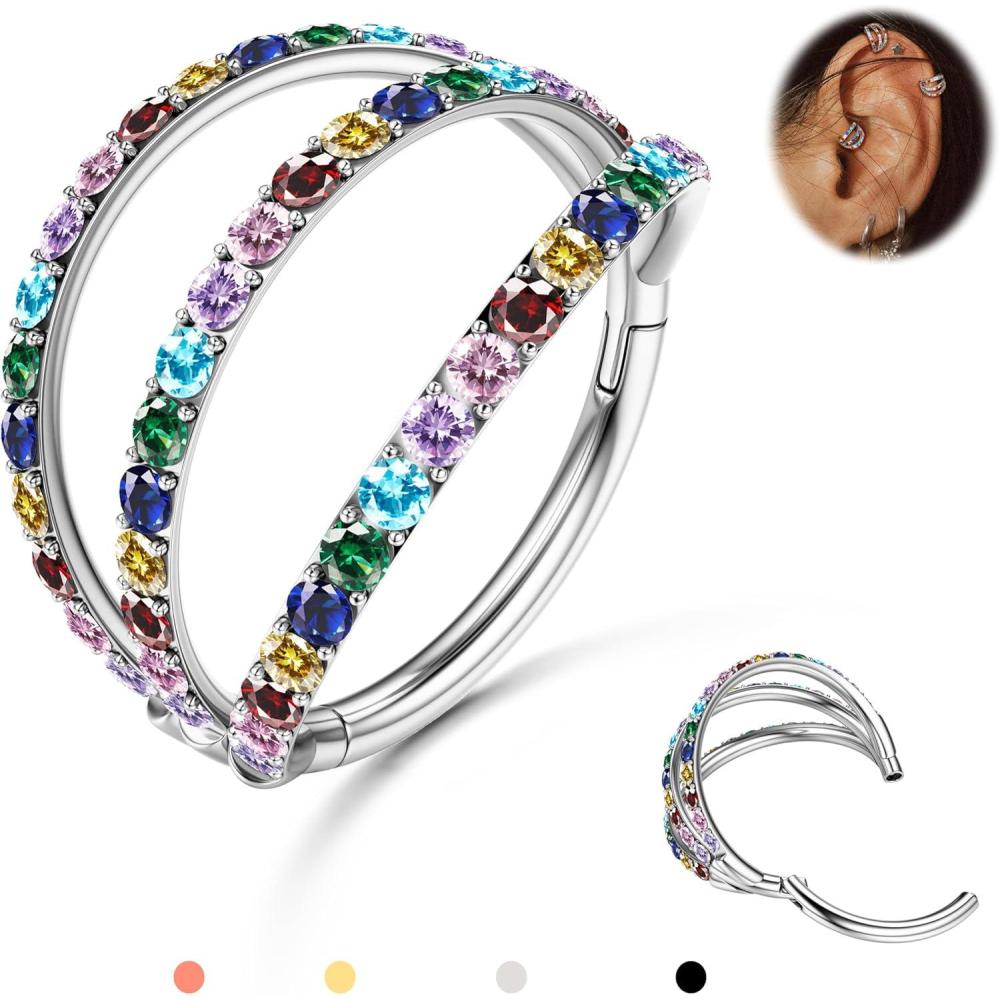 imageBodyBonita TripleDouble Hoop Nose Ring 316L Stainless Steel Septum Clicker 16G18G20G CZ Conch Piercing Jewelry Septum Clicker Rings Cartilage Earring Helix Rook TragusSilver Color RBCZ Triple