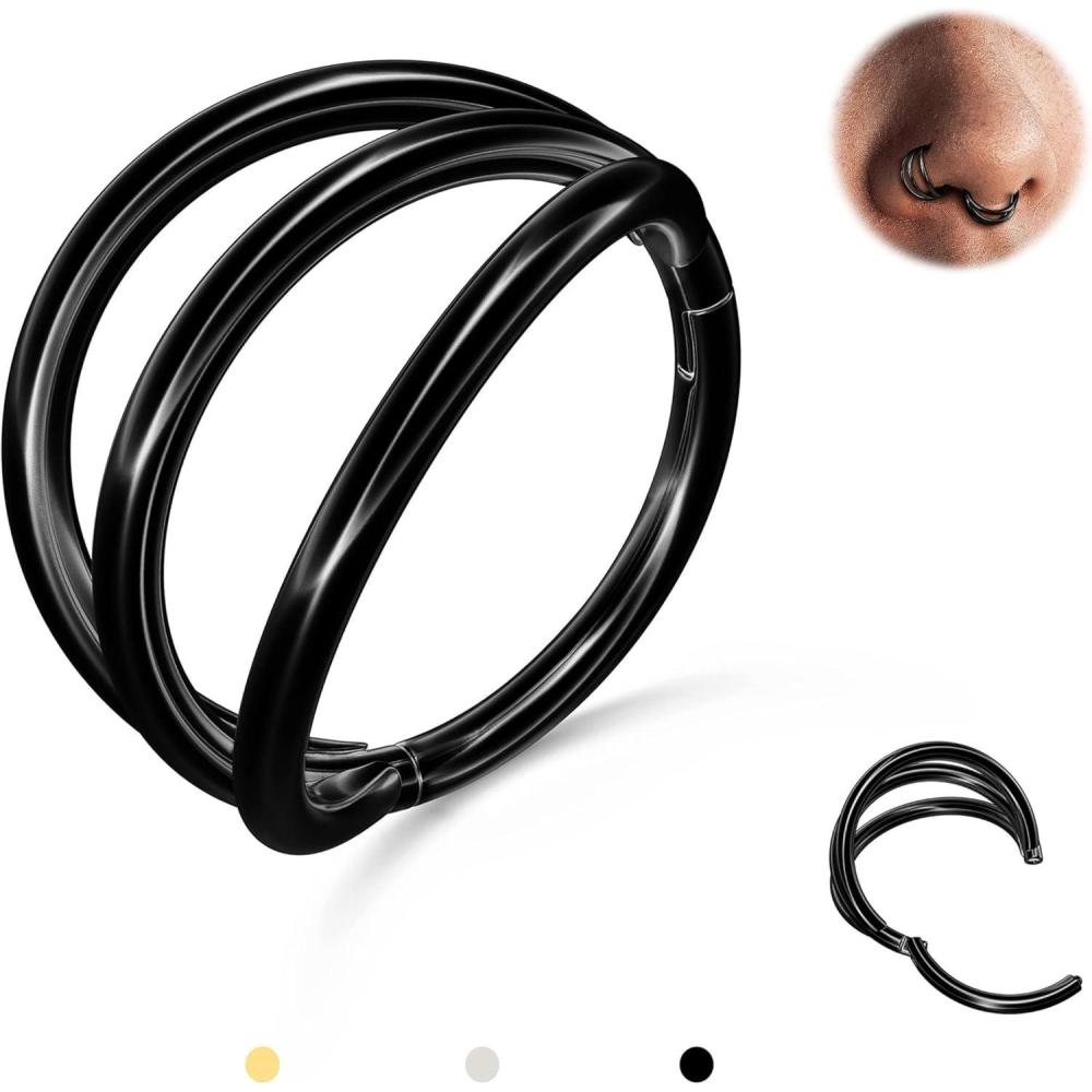 imageBodyBonita TripleDouble Hoop Nose Ring 316L Stainless Steel Septum Clicker 16G18G20G CZ Conch Piercing Jewelry Septum Clicker Rings Cartilage Earring Helix Rook TragusBlack Color Triple