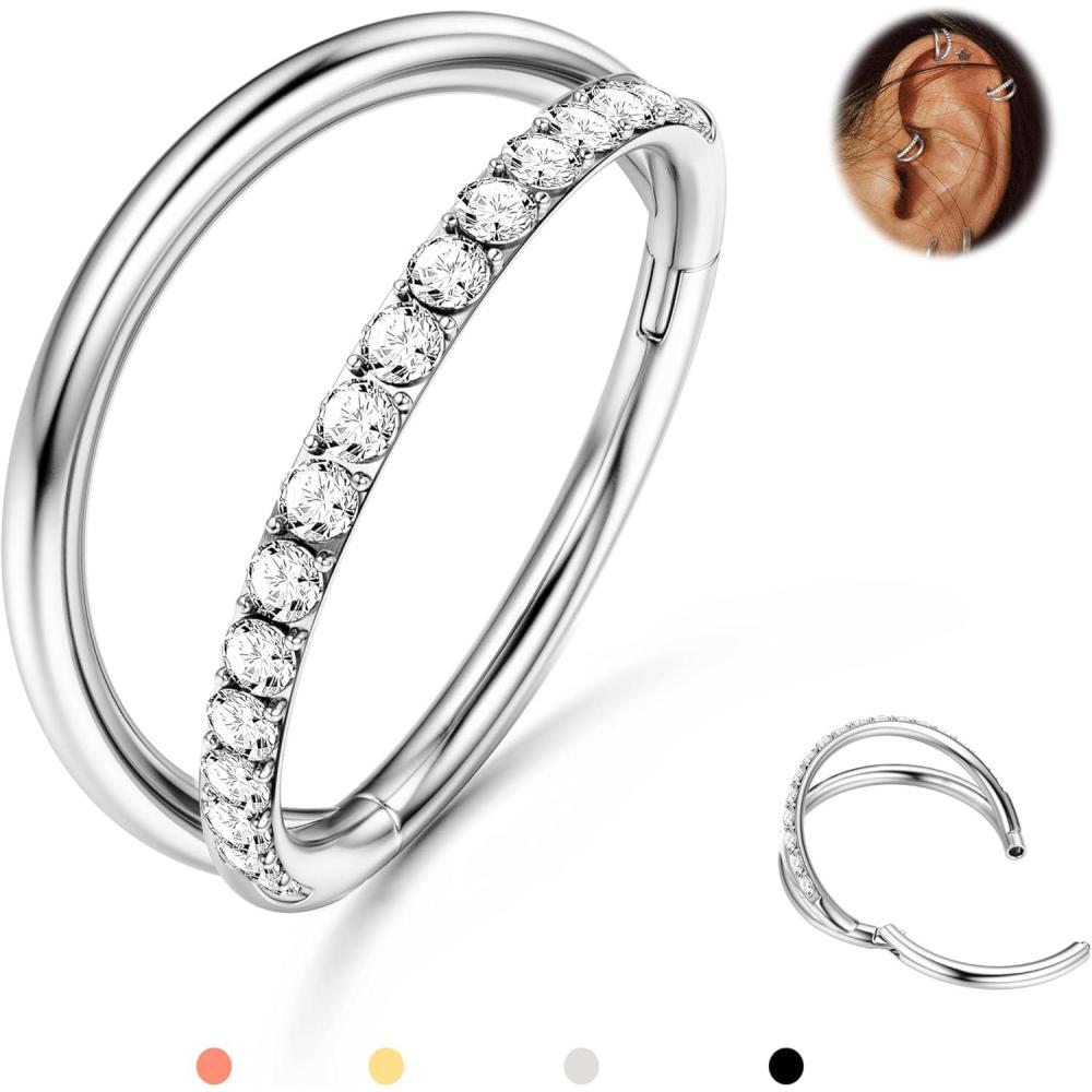 imageBodyBonita TripleDouble Hoop Nose Ring 316L Stainless Steel Septum Clicker 16G18G20G CZ Conch Piercing Jewelry Septum Clicker Rings Cartilage Earring Helix Rook TragusSilver Color 1 Side CZ Double
