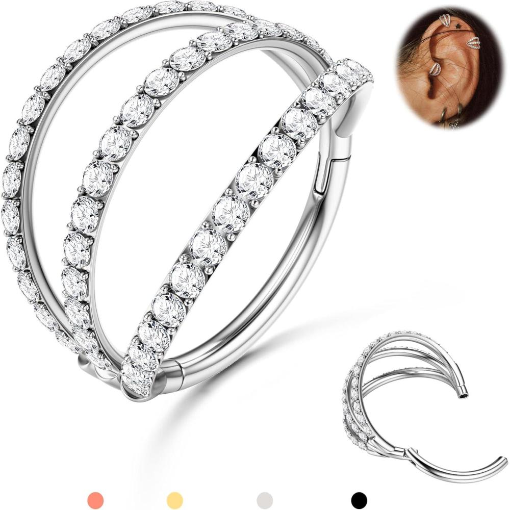 imageBodyBonita TripleDouble Hoop Nose Ring 316L Stainless Steel Septum Clicker 16G18G20G CZ Conch Piercing Jewelry Septum Clicker Rings Cartilage Earring Helix Rook TragusSilver Color CZ Triple