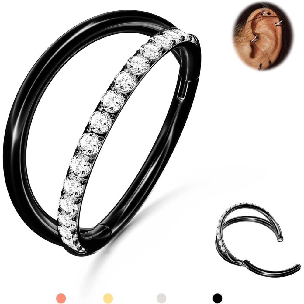 imageBodyBonita TripleDouble Hoop Nose Ring 316L Stainless Steel Septum Clicker 16G18G20G CZ Conch Piercing Jewelry Septum Clicker Rings Cartilage Earring Helix Rook TragusBlack Color 1 Side CZ Double