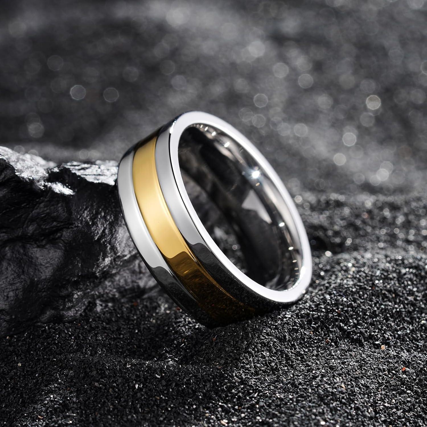 imageKing Will 316L Stainless Steel Mens Wedding Band 68 mm DualTone Wedding Ring Polished Finish with GoldBlack Steel Plating Fashionable and Durable Stainless Steel Mens Ring Size 714GoldC8mm