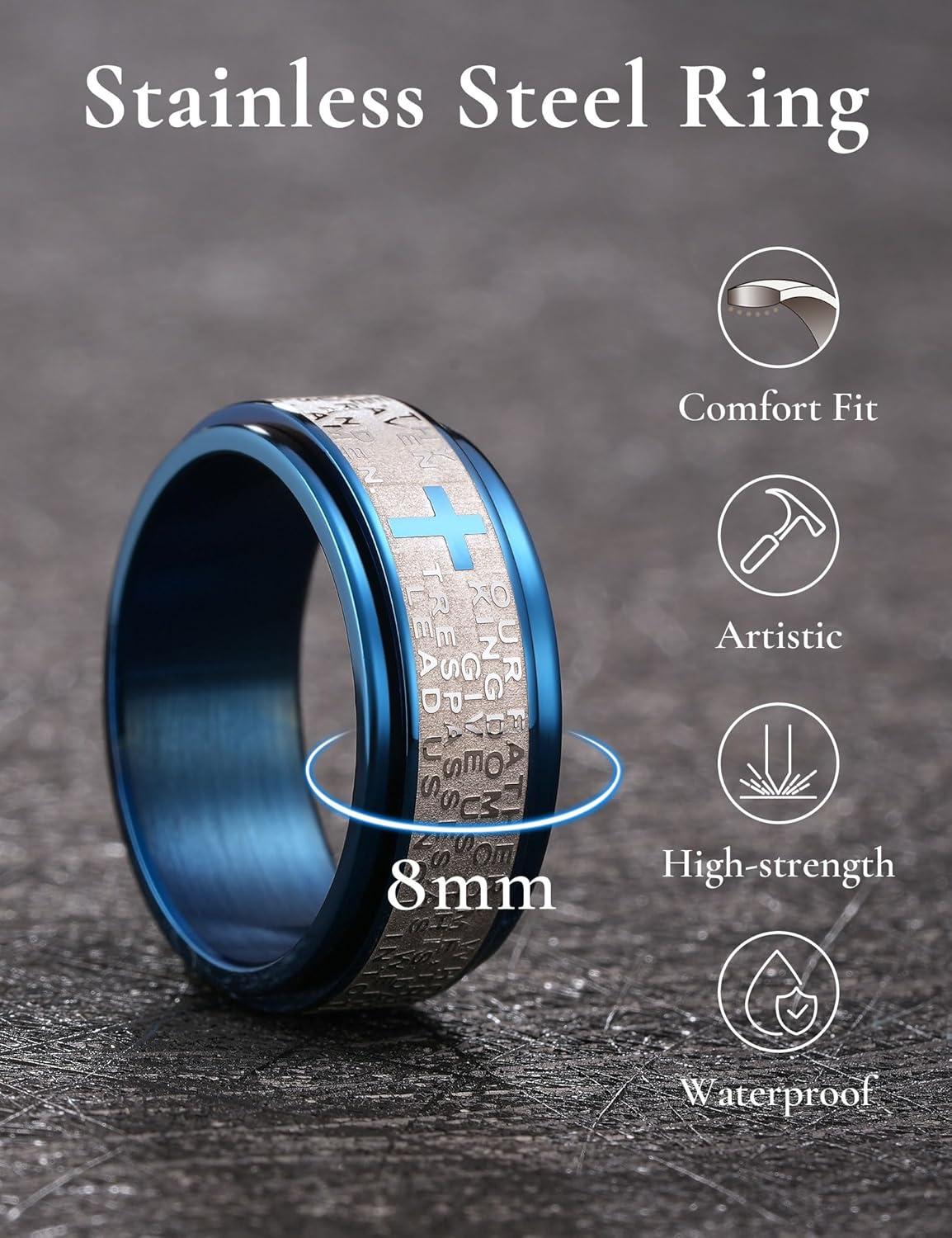 imageKing Will 8mm BlackGoldSilver Stainless Steel Ring Lords Prayer Rotatable Ring Men Wedding Band Rings Comfort FitBlueSilver
